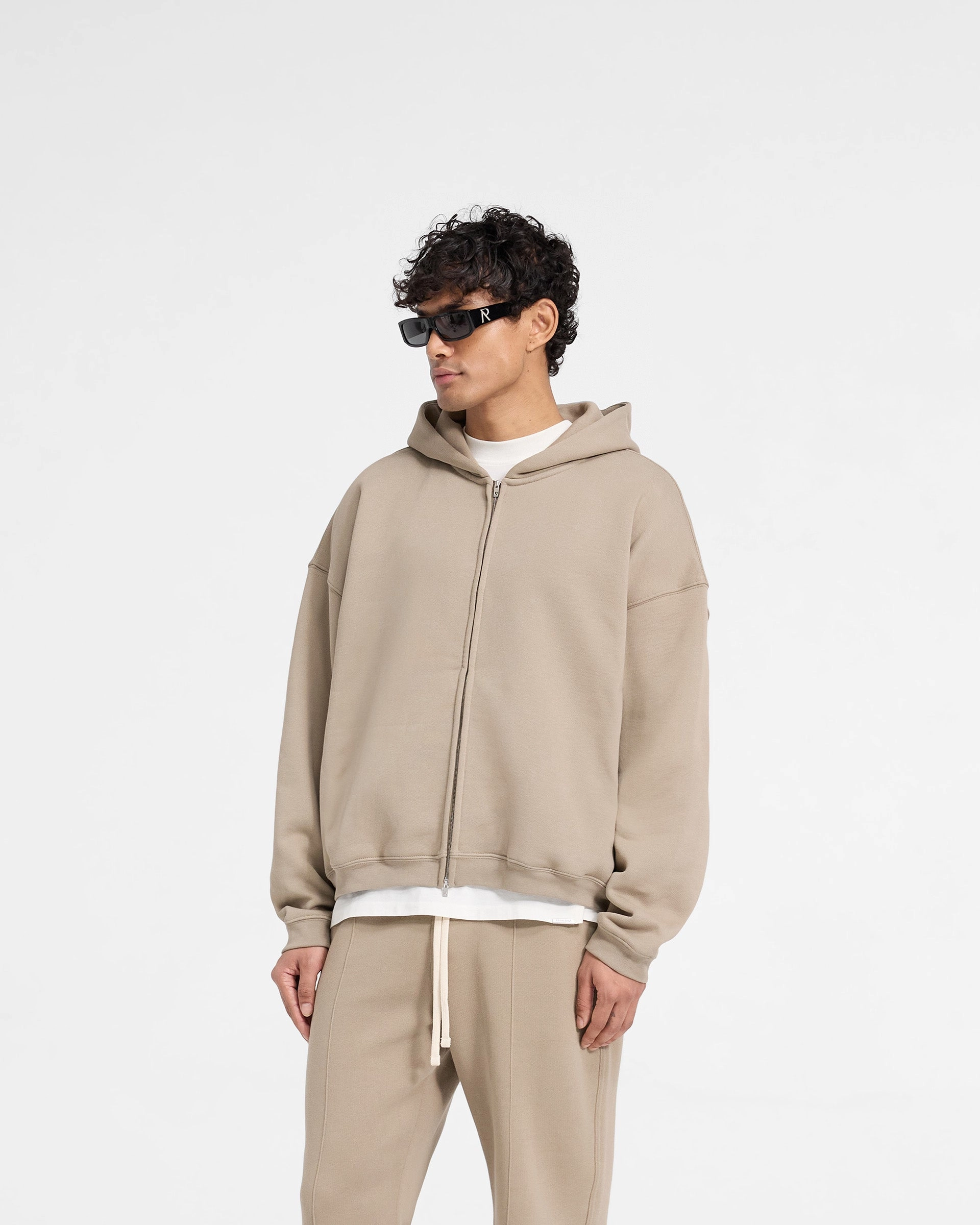 Androgynous style Initial Boxy Zip Through Hoodie - Dune