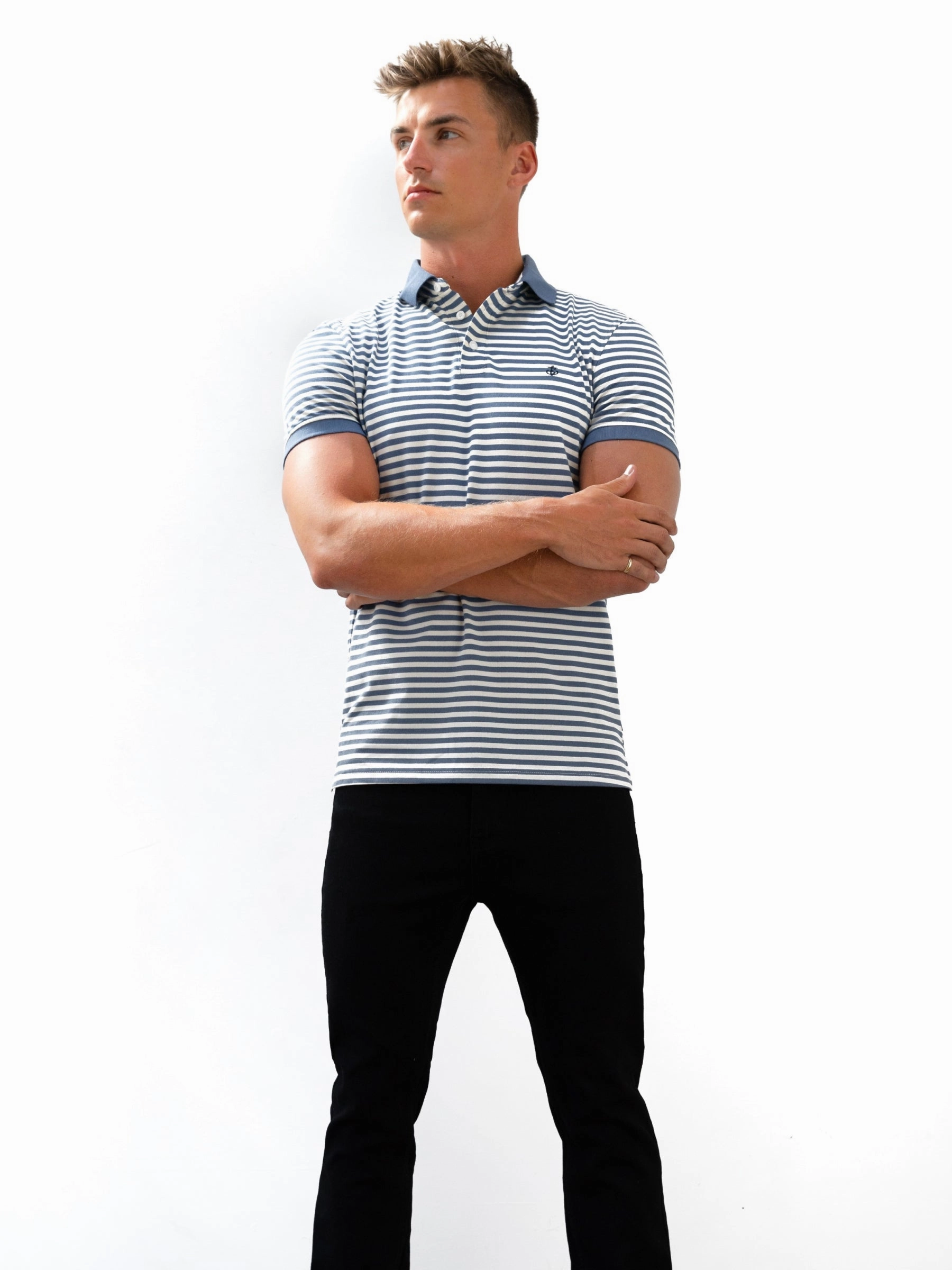 Double Stitched Seams Stripe Polo Shirt - Blue
