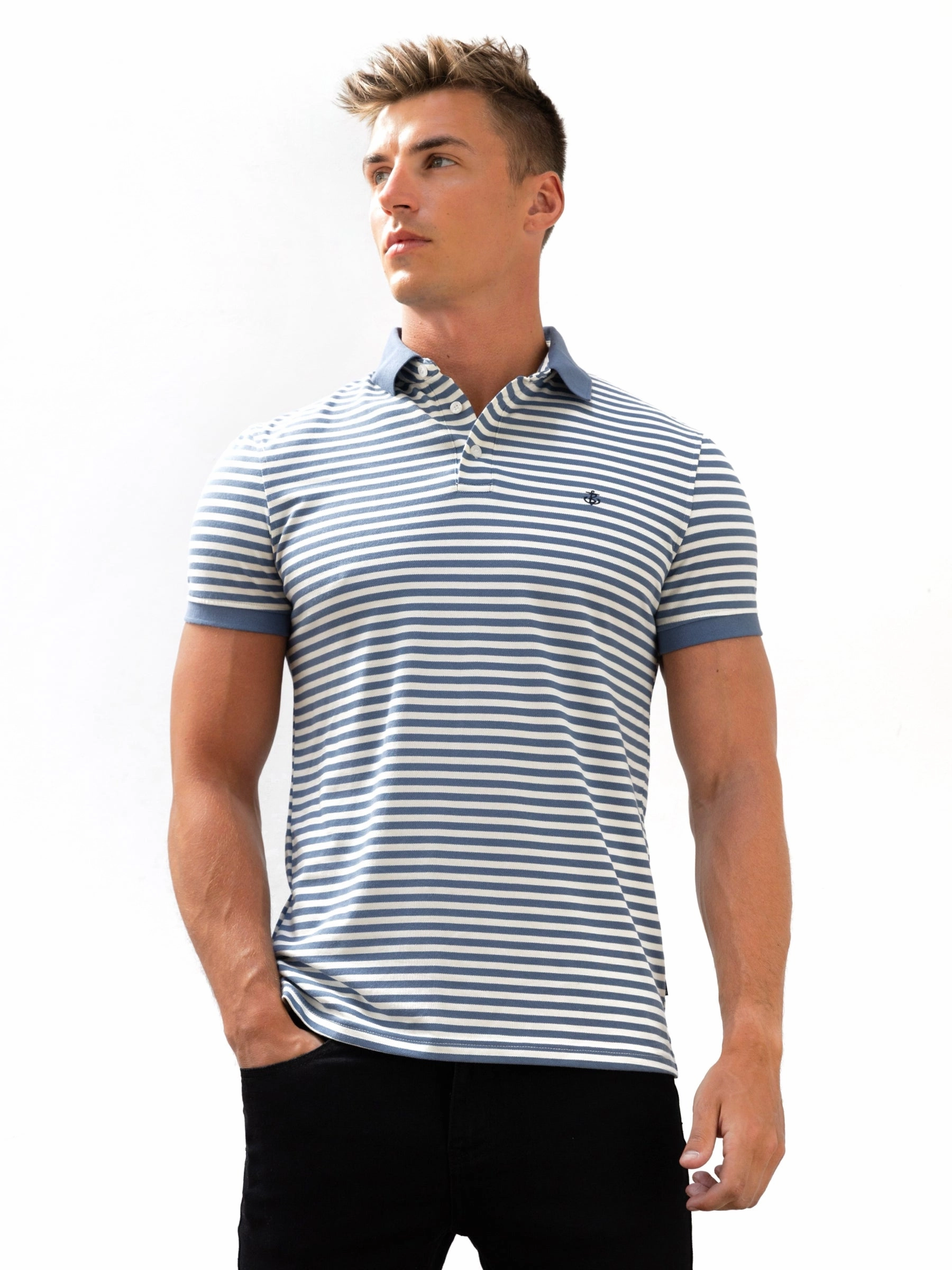 Button front Stripe Polo Shirt - Blue
