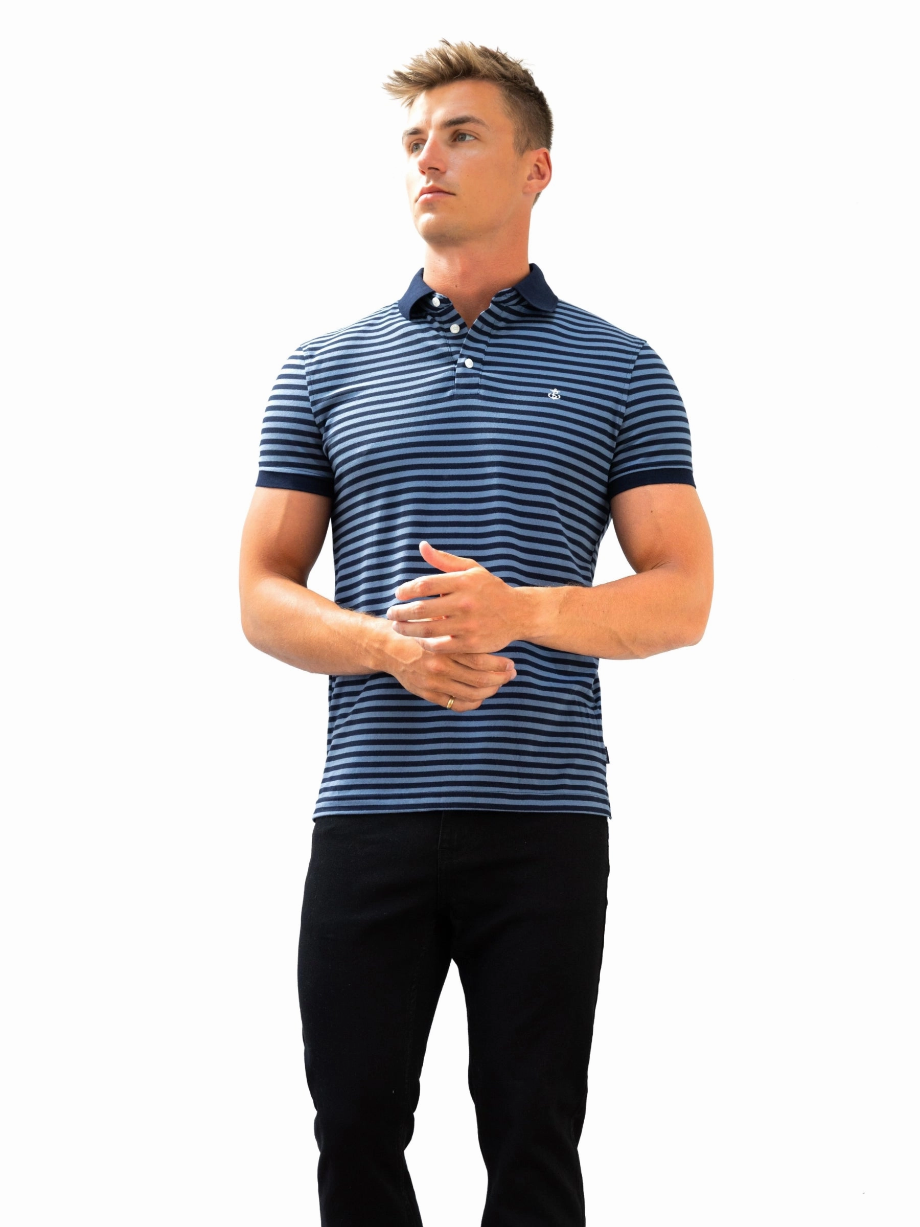 Stripe Polo Shirt - Mid Navy Sleek Fit Lightweight texture