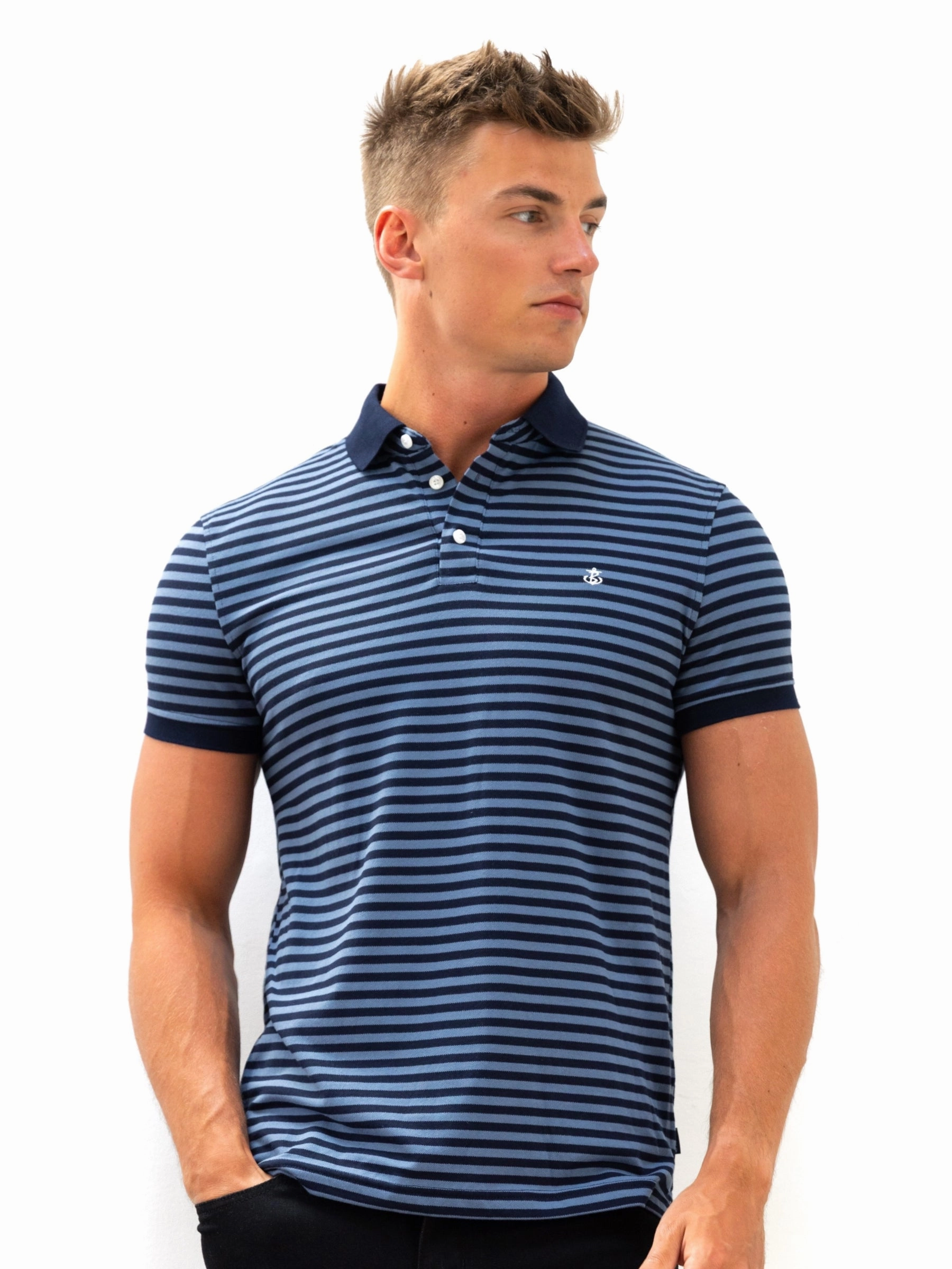 Workwear Ready Versatile Design Stripe Polo Shirt - Mid Navy