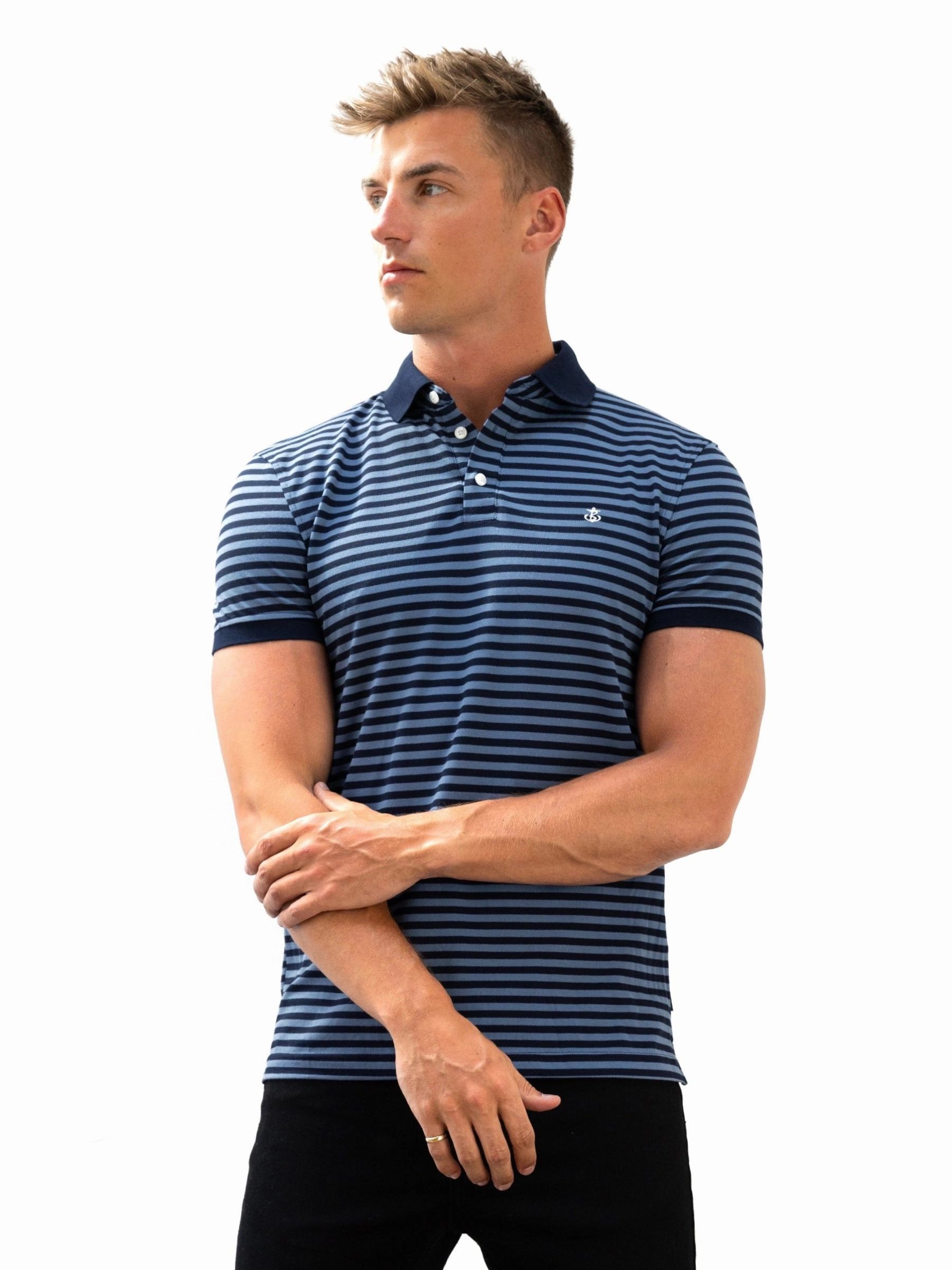 Abrasion Resistant Edges Stripe Polo Shirt - Mid Navy