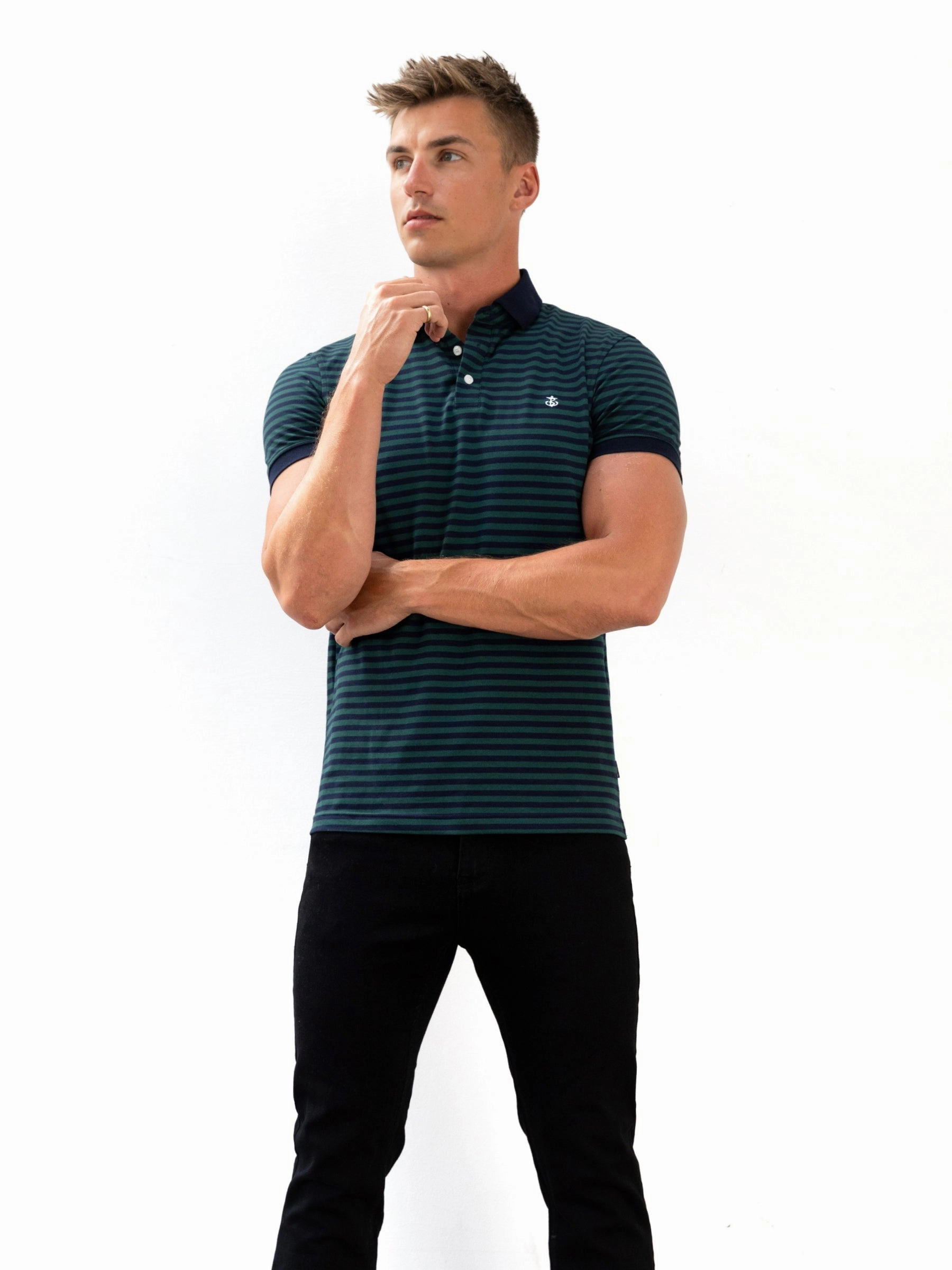 Embellished Neckline Stripe Polo Shirt - Teal Blue