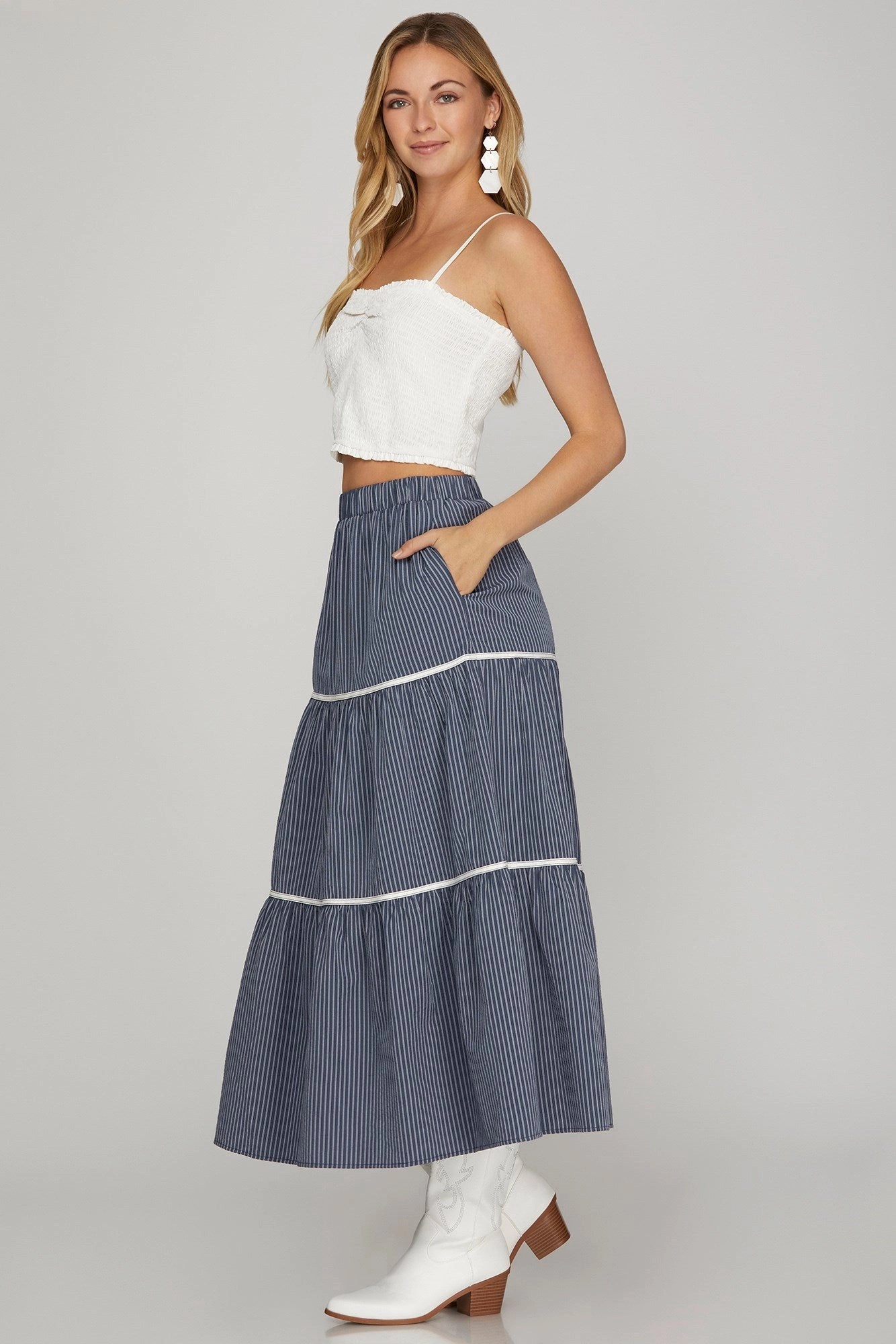 Striped Tiered Maxi Skirt & Crop Top Set Ribbed Trim Details Tailored Silhouette