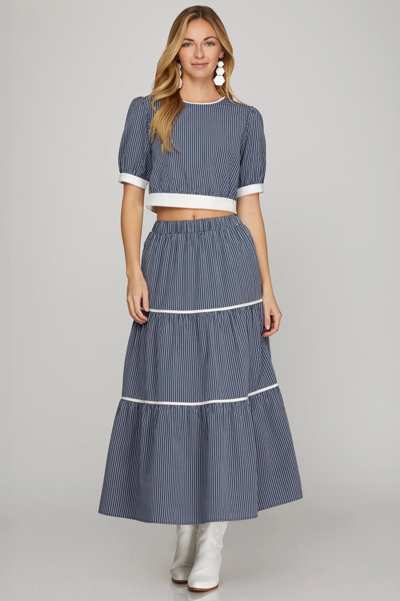 Versatile Shirt Striped Tiered Maxi Skirt & Crop Top Set