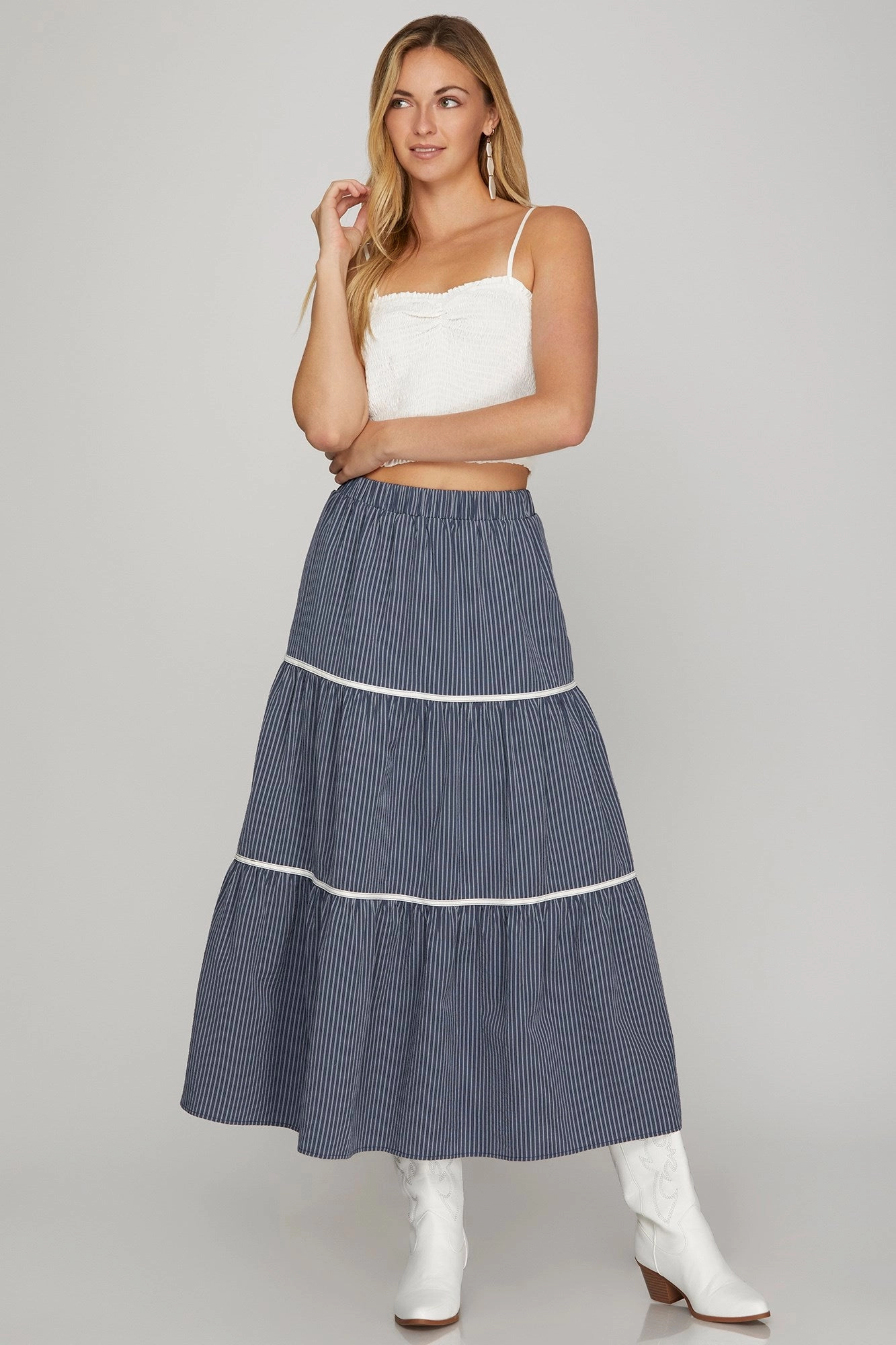 Bonded Seam Construction Striped Tiered Maxi Skirt & Crop Top Set