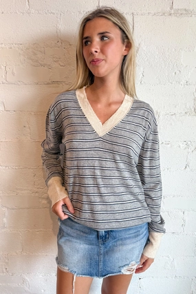 Striped V-Neck Sweater Top Understated Charm Stay Cozy