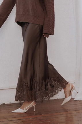 Alira Lace Trim Midi Skirt - Brown raw hem Maxi length