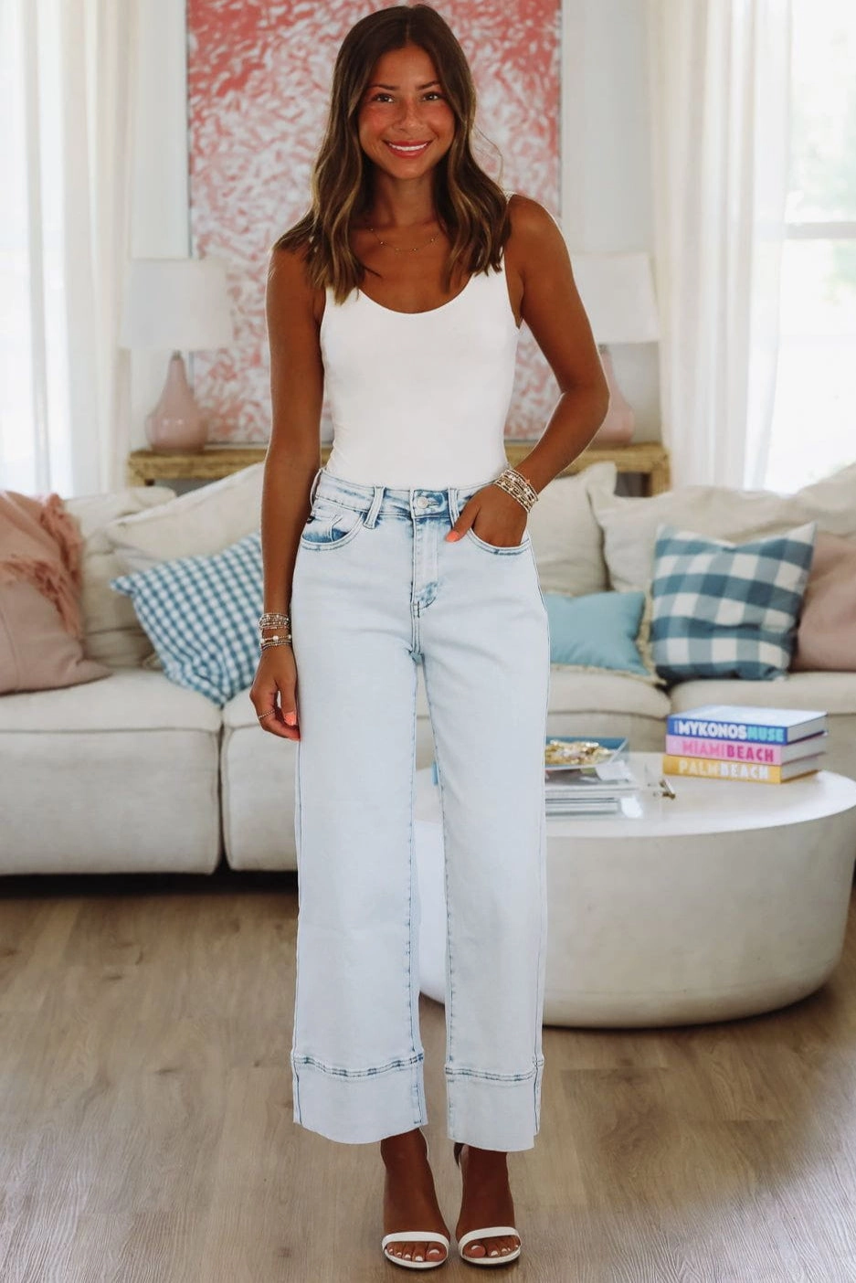 ZuZu High Rise Cropped Wide Leg Jeans - Light Denim HiddenZipper Recycled Polyester Material