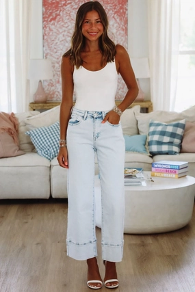 ZuZu High Rise Cropped Wide Leg Jeans - Light Denim Adjustable Cuffs