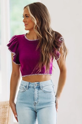 Tailgate Time Crop Sweater - Purple and White Low Profile Zipper Closure