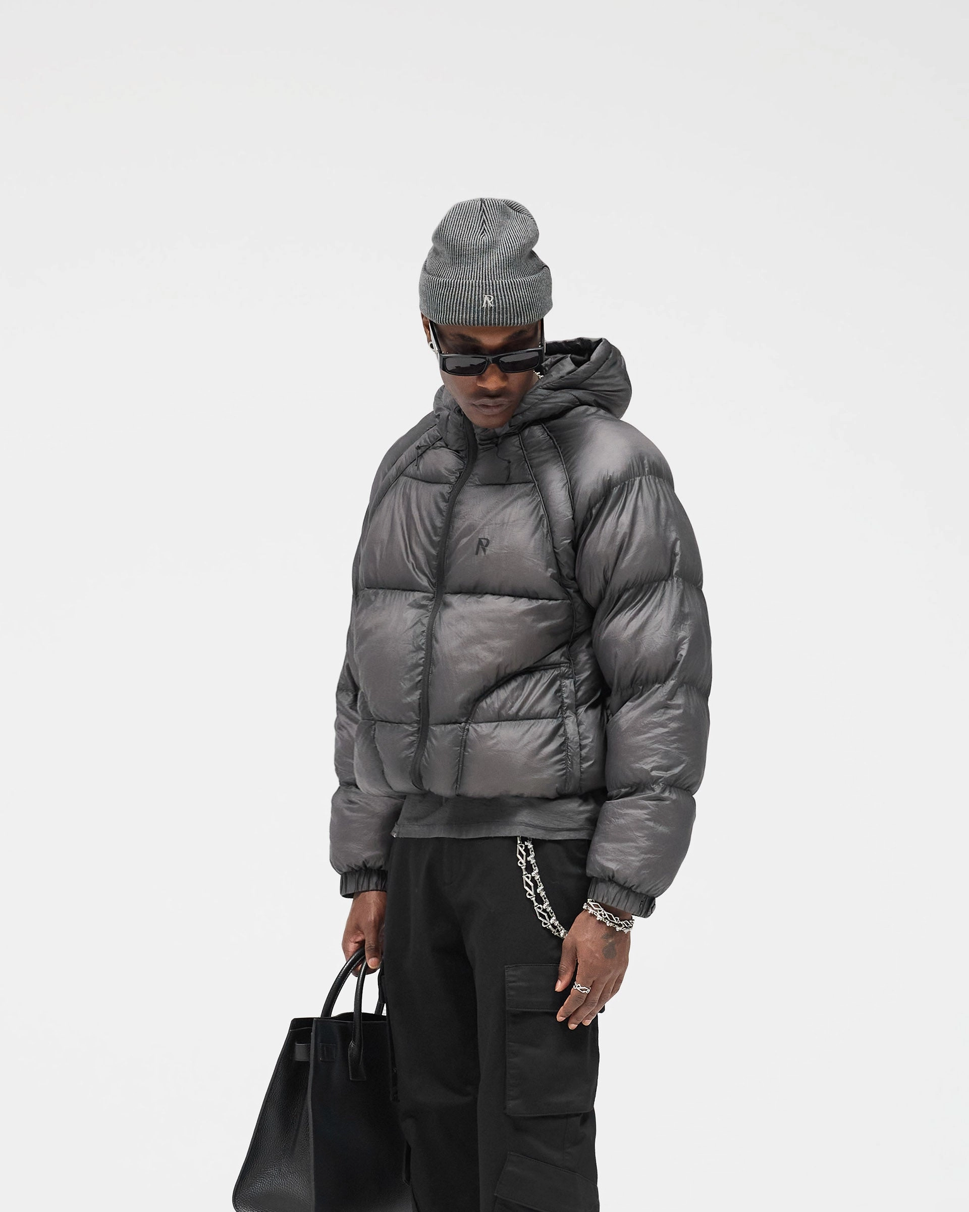 Cold Ready Look Anti Slip Interior Translucent Hooded Puffer - Washed Black