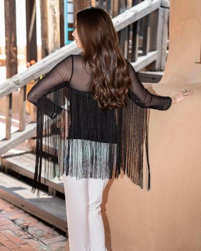 Raw Edge Detail ReinforcedShoulderConstruction Western Inspired Black Mesh Top w/ Fringe Details, by Vintage Collection