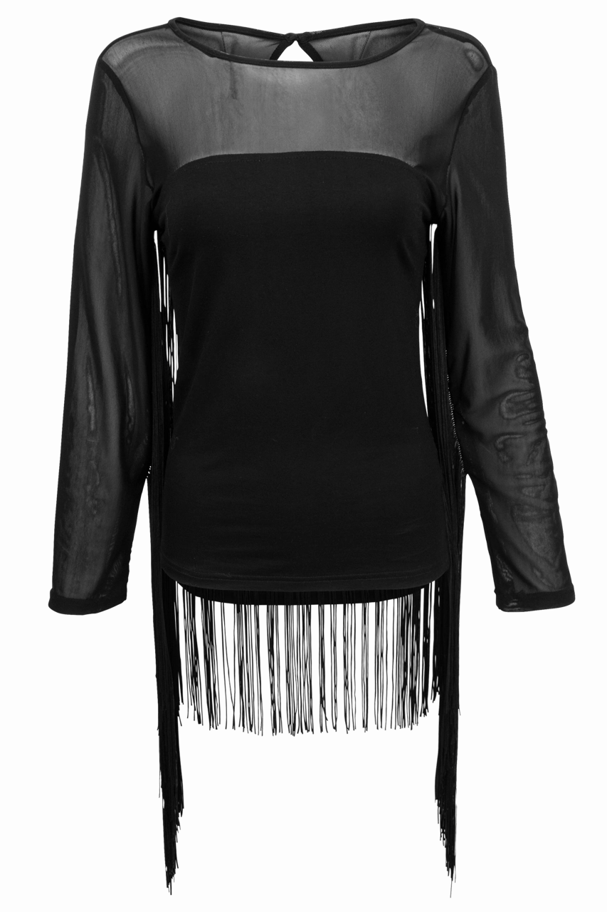 Western Inspired Black Mesh Top w/ Fringe Details, by Vintage Collection Quick Dry Blend