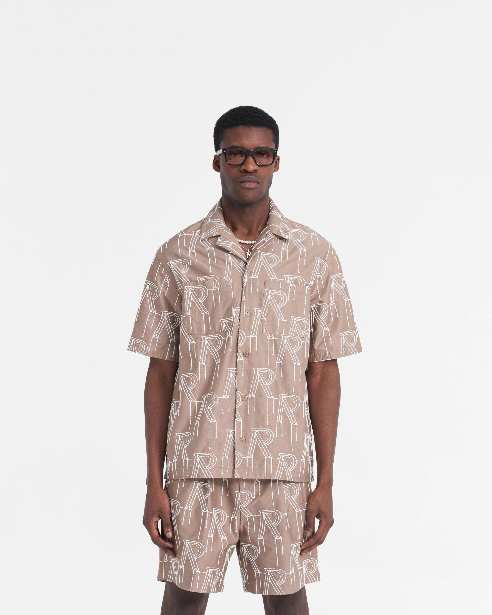 First Date Soft Touch Fabric Embroidered Initial Overshirt - Washed Taupe