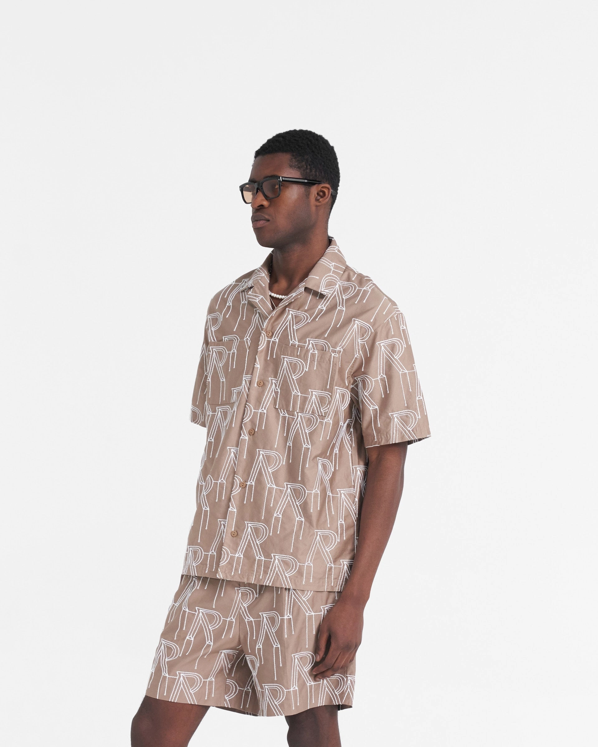 Embroidered Initial Overshirt - Washed Taupe Roomy Cut youth trend