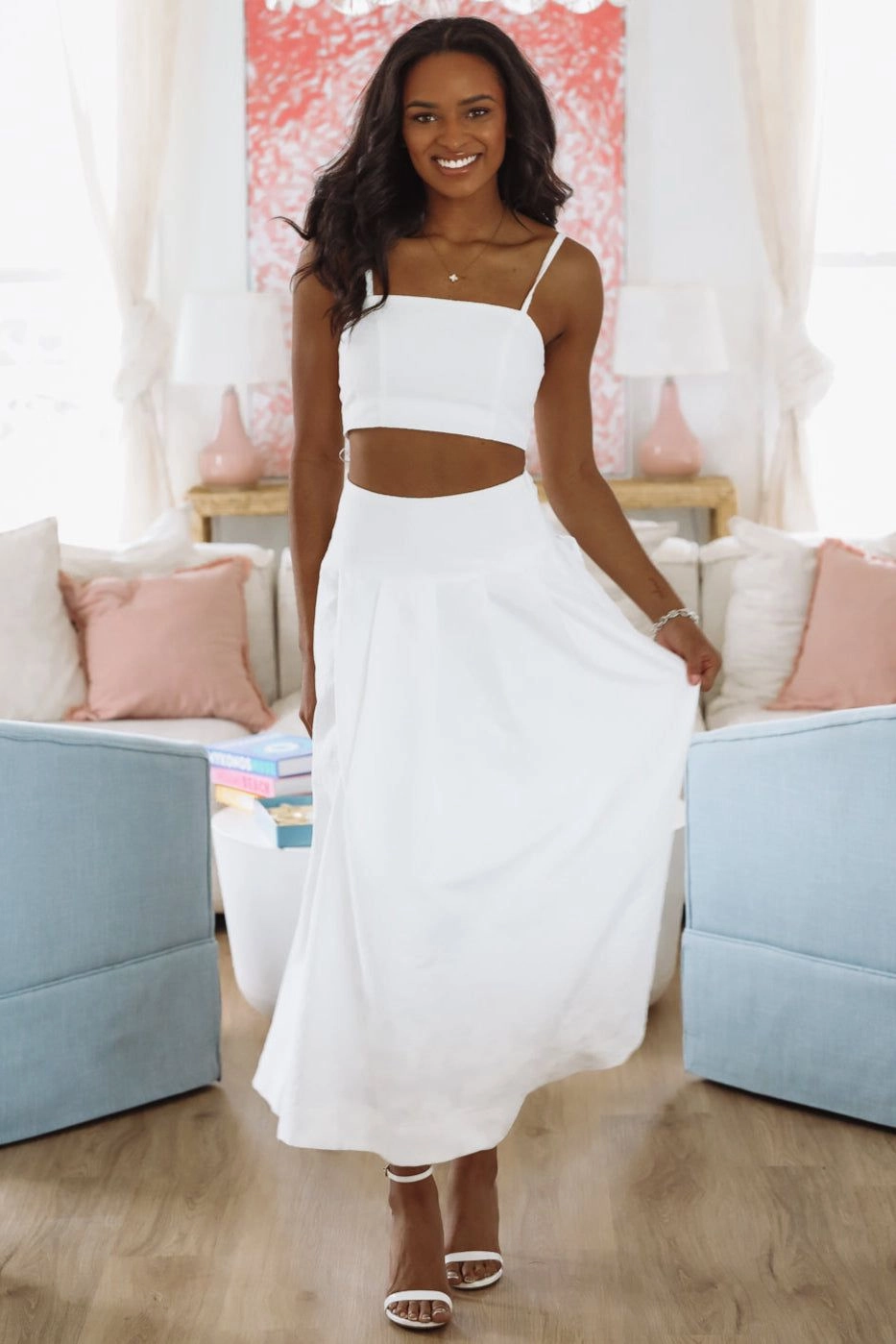 MultiFunctionalDesign Snag Proof Weave The Keeper Crop Top and Midi Skirt Set - White