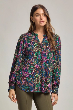 The Lizzy Smocked Long Sleeve Top/Black Multi FadeResistantTechnology Fade Resistant Coating