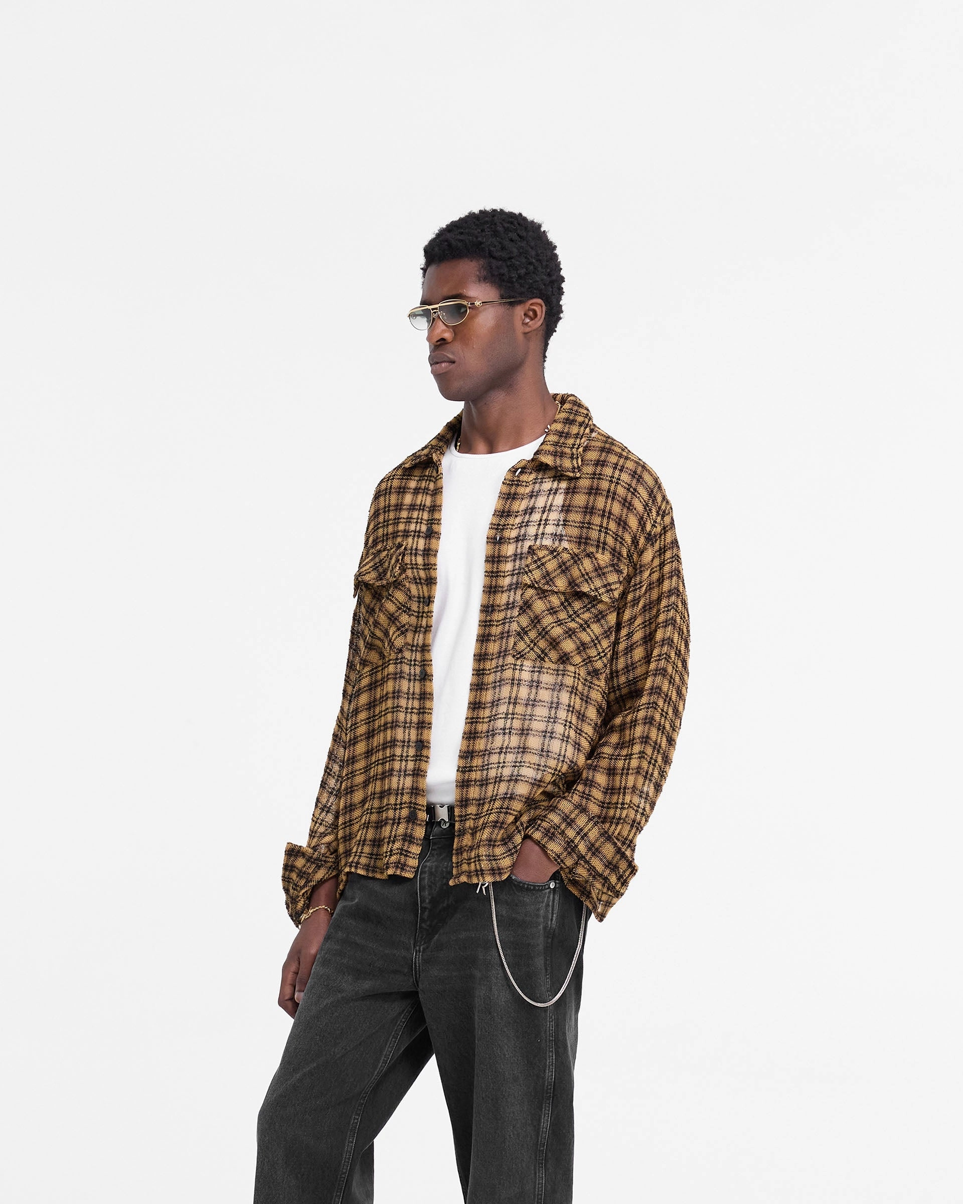 Check Flannel Shirt - Yellow Check Lightweight Weave Fashionable Layer