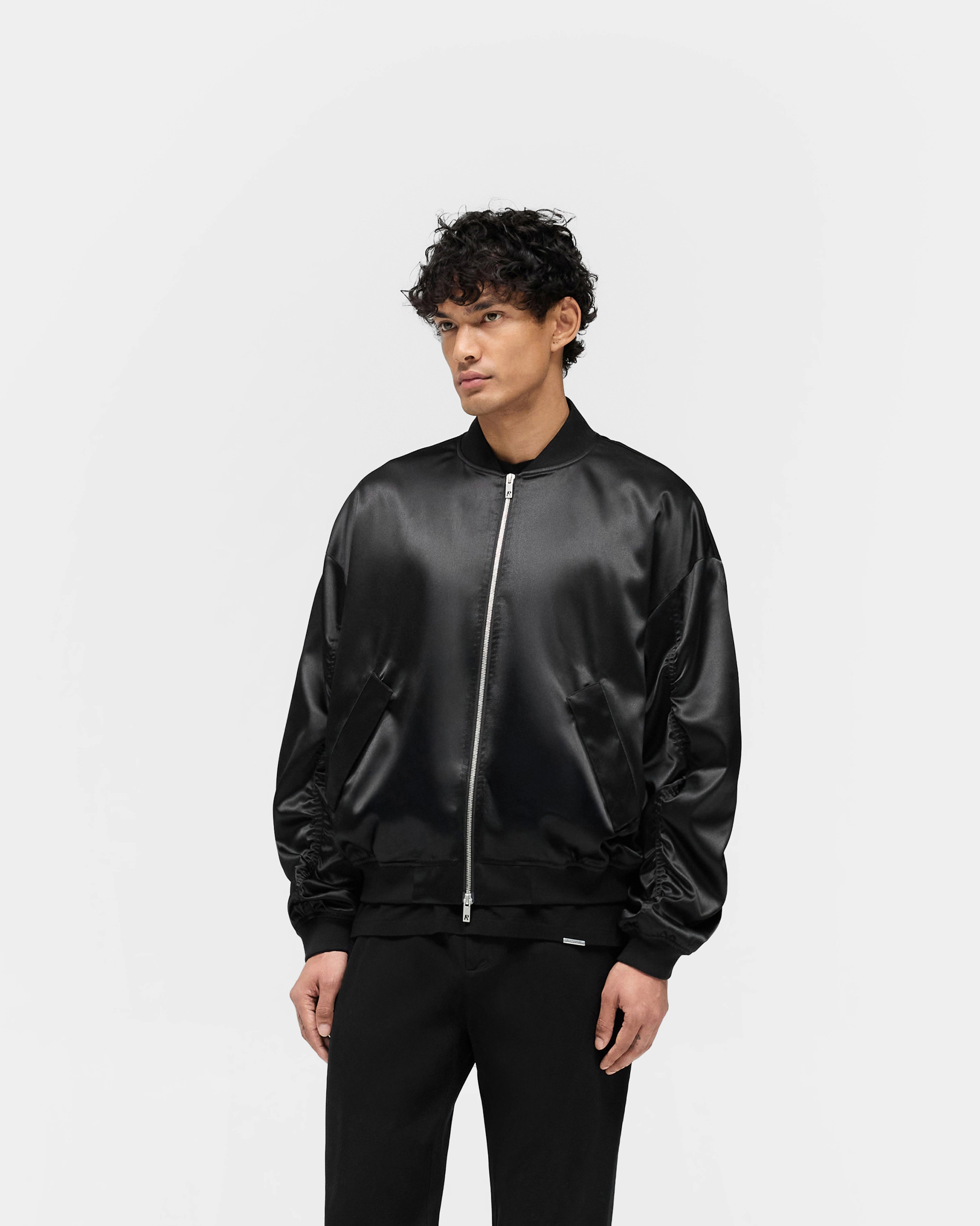 Water Resistant Shell Satin Bomber - Black