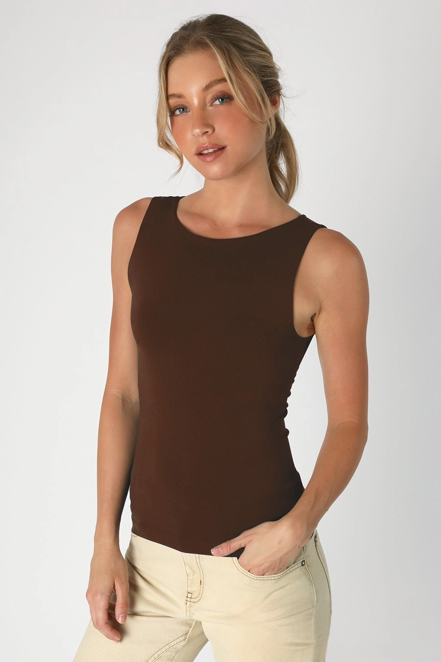 Clean Line Boat Neck Tank- Coffee Bean LayeredStyling Durable Chainstitch