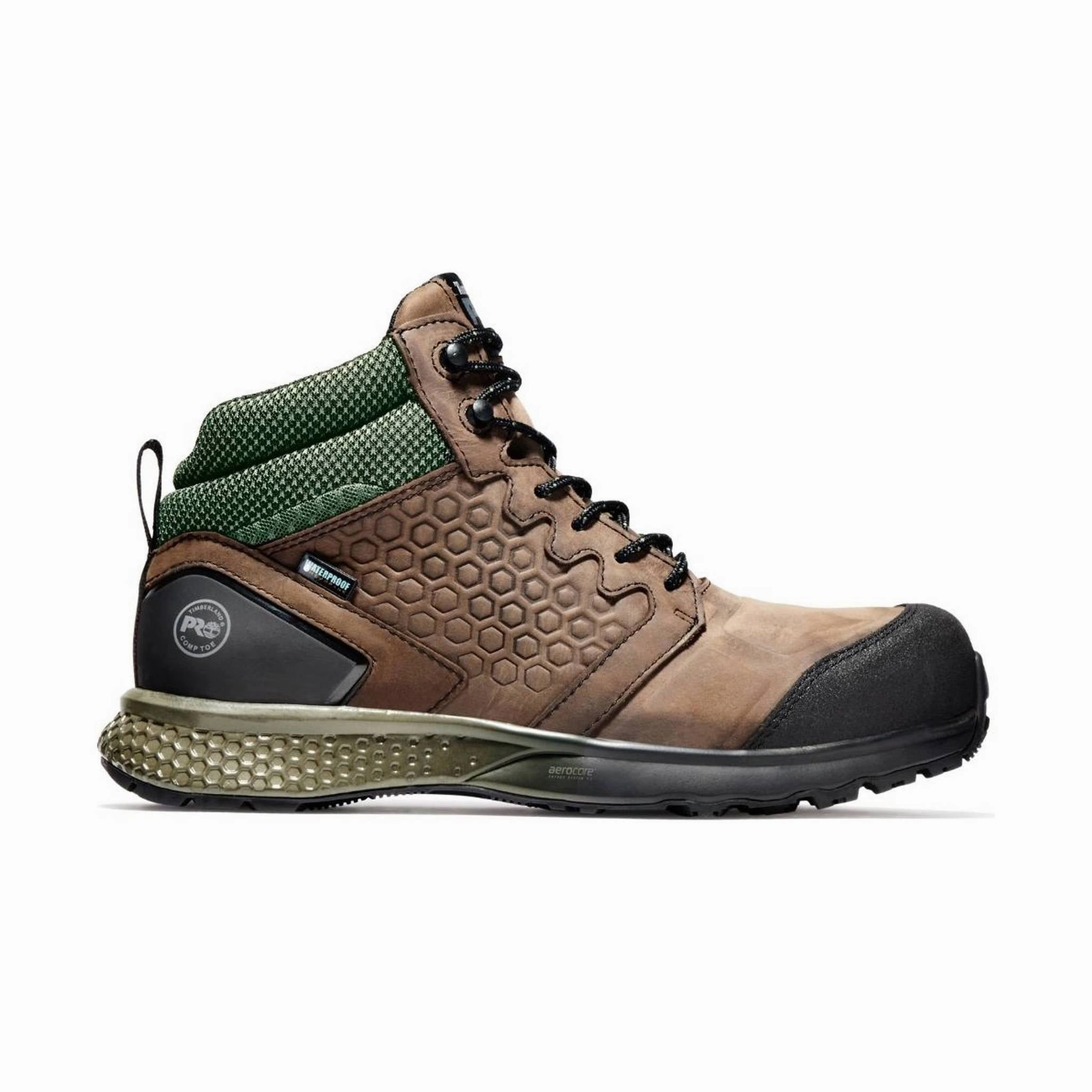 Flexible Shaft Design Minimal Mood Timberland Pro Men's Reaxion Mid Composite Toe Work Boot - Brown Full-Grain/Green