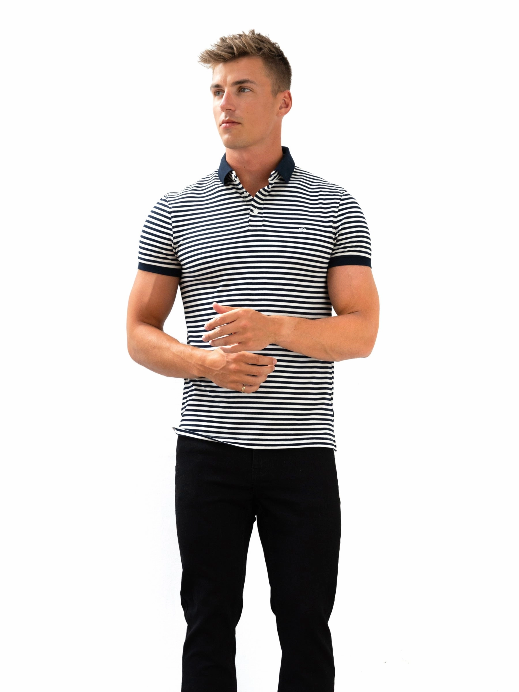 Anti Static Fabric Stripe Polo Shirt - Navy