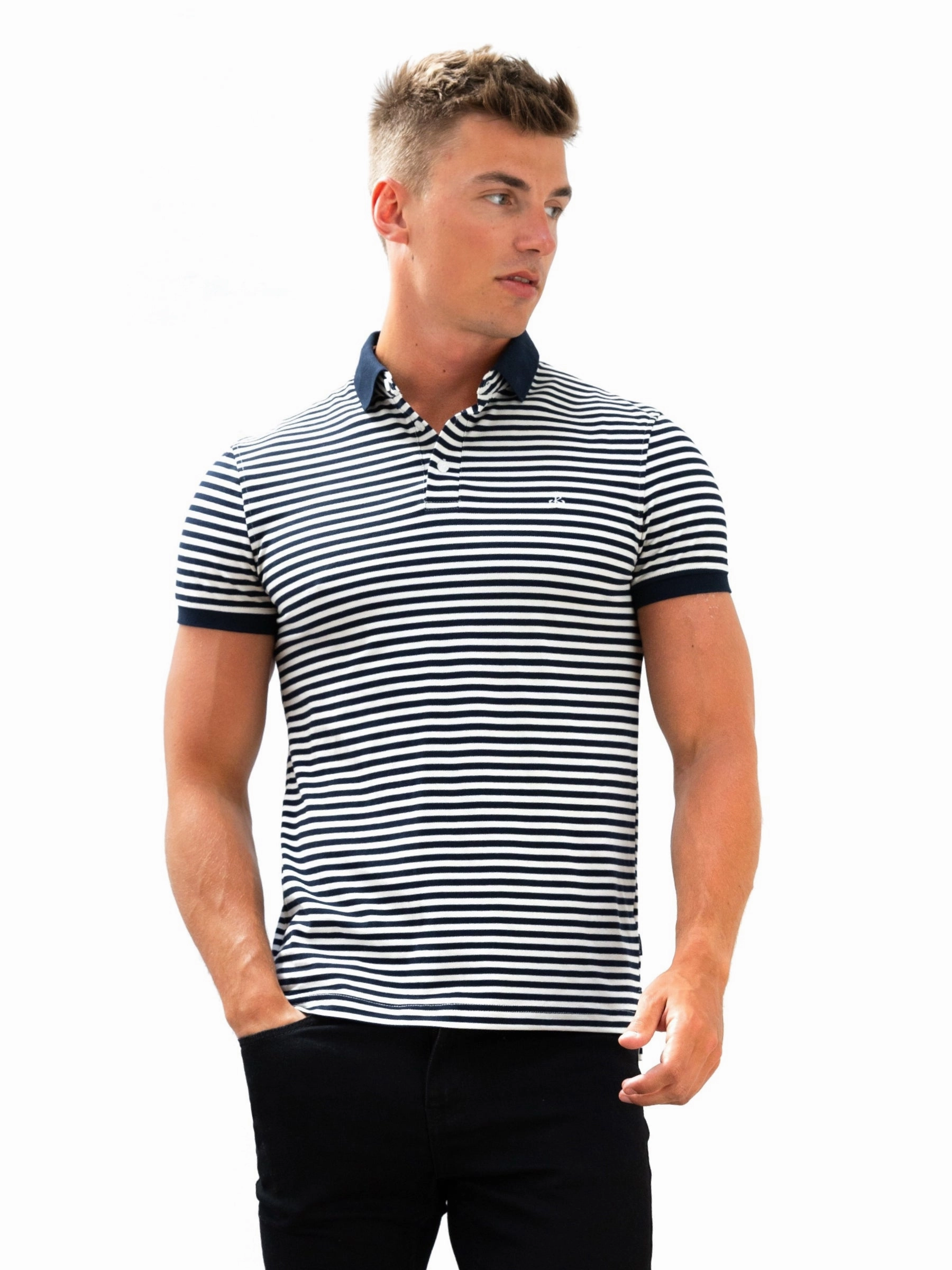 Layered Collar Stripe Polo Shirt - Navy
