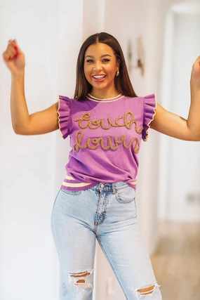 RibbedTexture Touchdown Tinsel Sweater - Purple and Yellow Gold