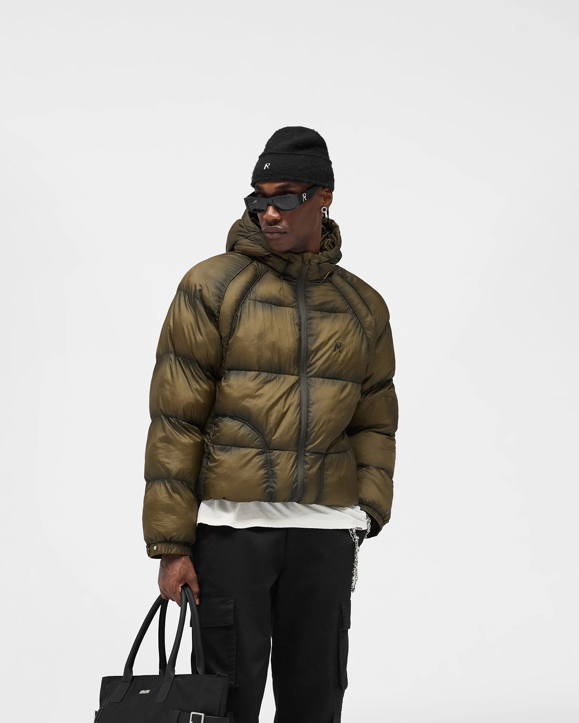 Translucent Hooded Puffer - Dark Olive Multi Pocket Design