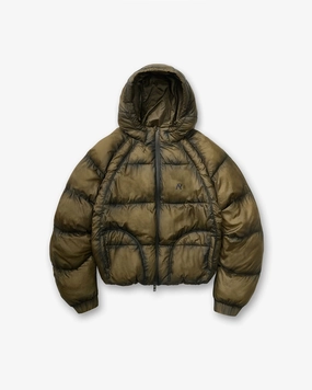 Translucent Hooded Puffer - Dark Olive wrinkle free finish