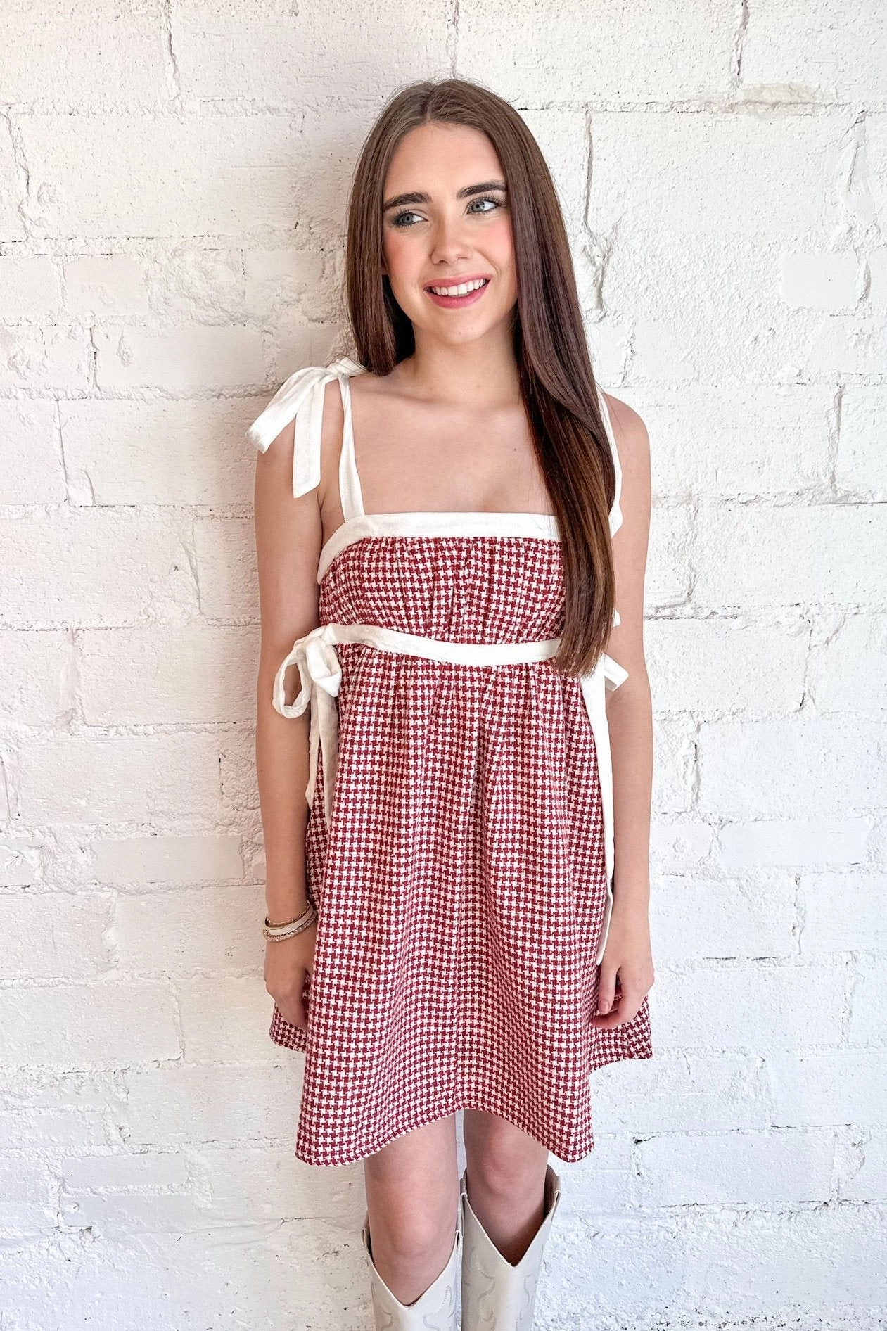 Burgundy Tweed Babydoll Dress Button Accent Vibrant Edge