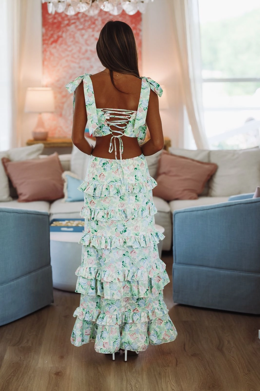 Spring Muse Print Crop Top - Green Smooth Seam Transition