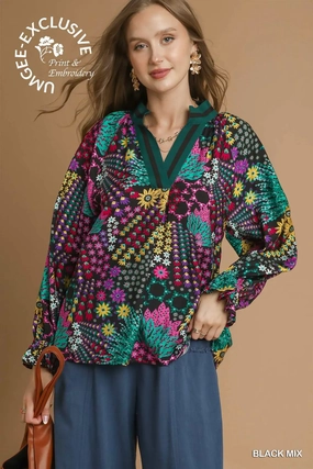 Black Mix Floral Print V-Neck Top Odor Resistant Finish