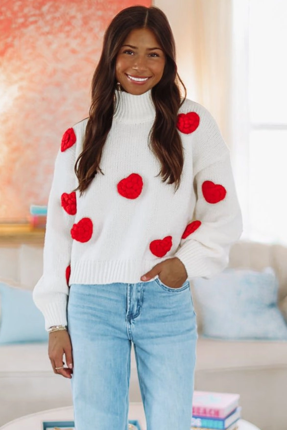 Big Hearts Sweater - White and Red Overlock Edging
