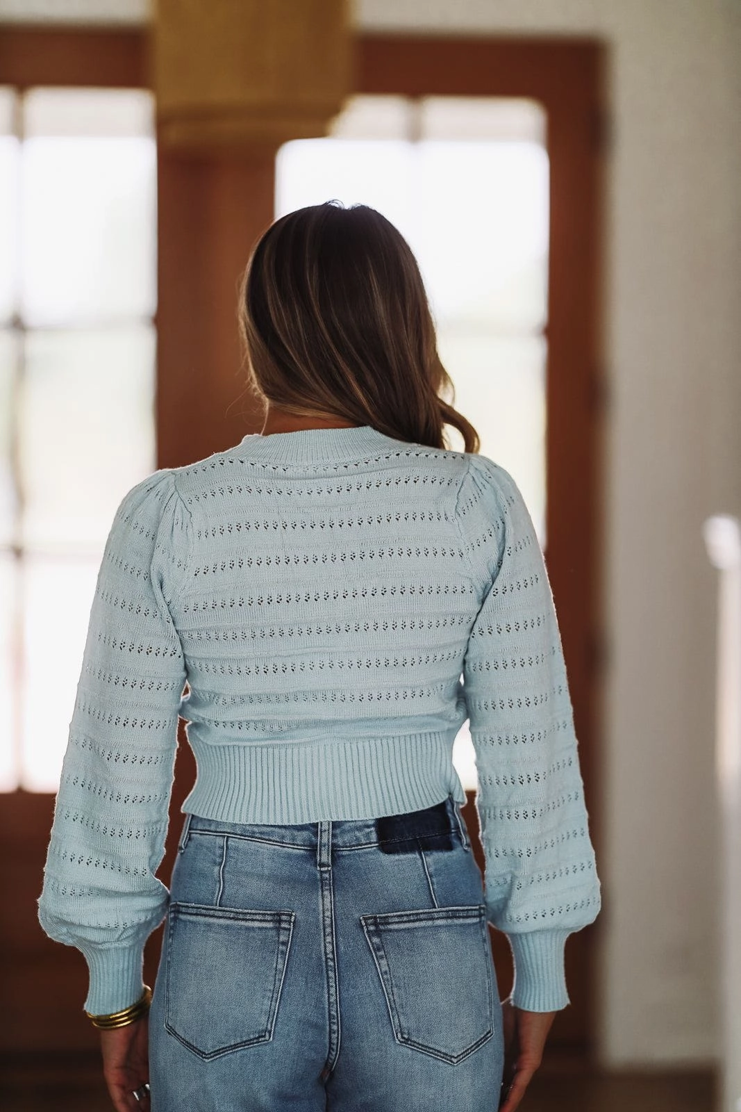 Sweet as Sugar Bow Sweater - Light Blue and Ivory BondedShoulderTaping NoTagLabel