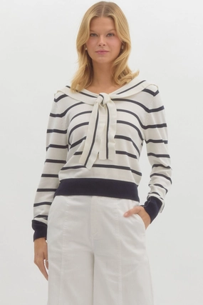 Off White & Navy Striped Long Sleeve Sweater Fashion Statement