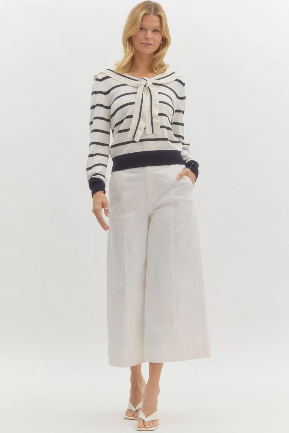 Contrast Stitch Accent Off White & Navy Striped Long Sleeve Sweater