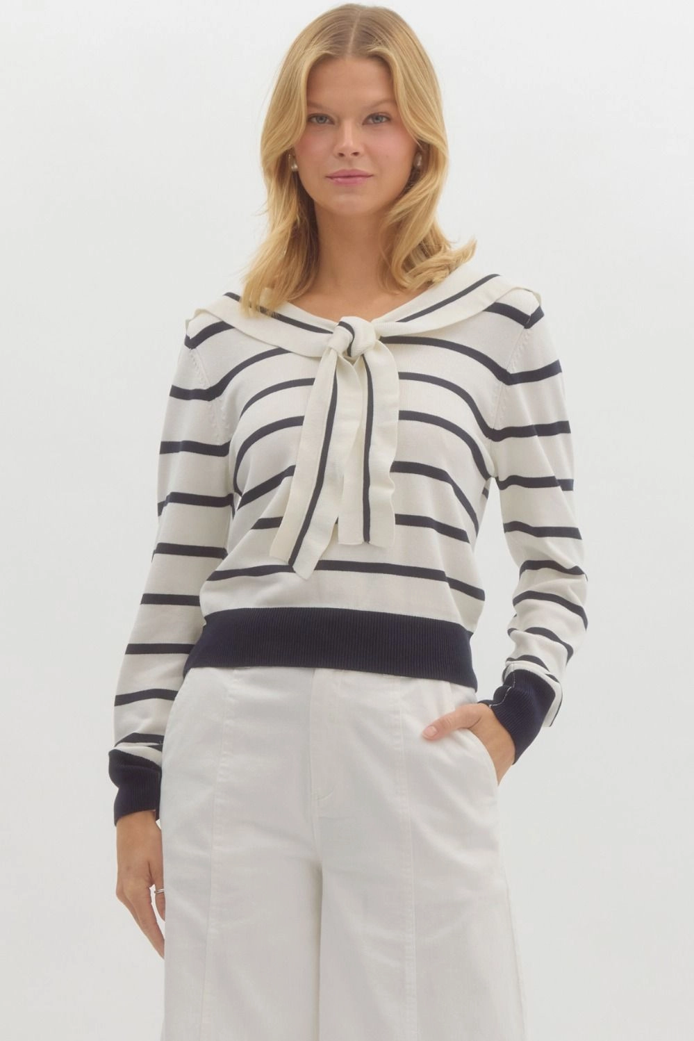 Off White & Navy Striped Long Sleeve Sweater Fashion Statement