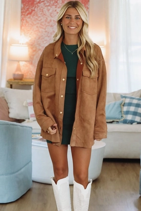 Autumn Cider Button Down Shacket - Camel Odor Resistant Technology