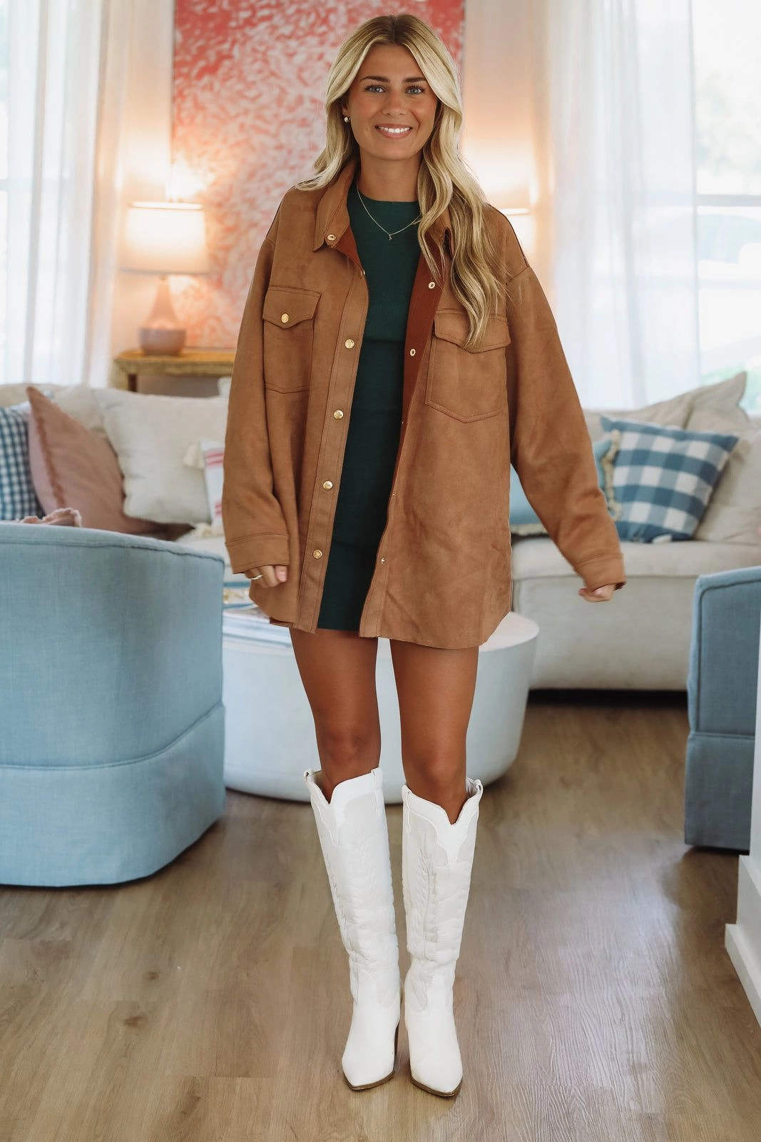 Loose Tee Layered Look Autumn Cider Button Down Shacket - Camel