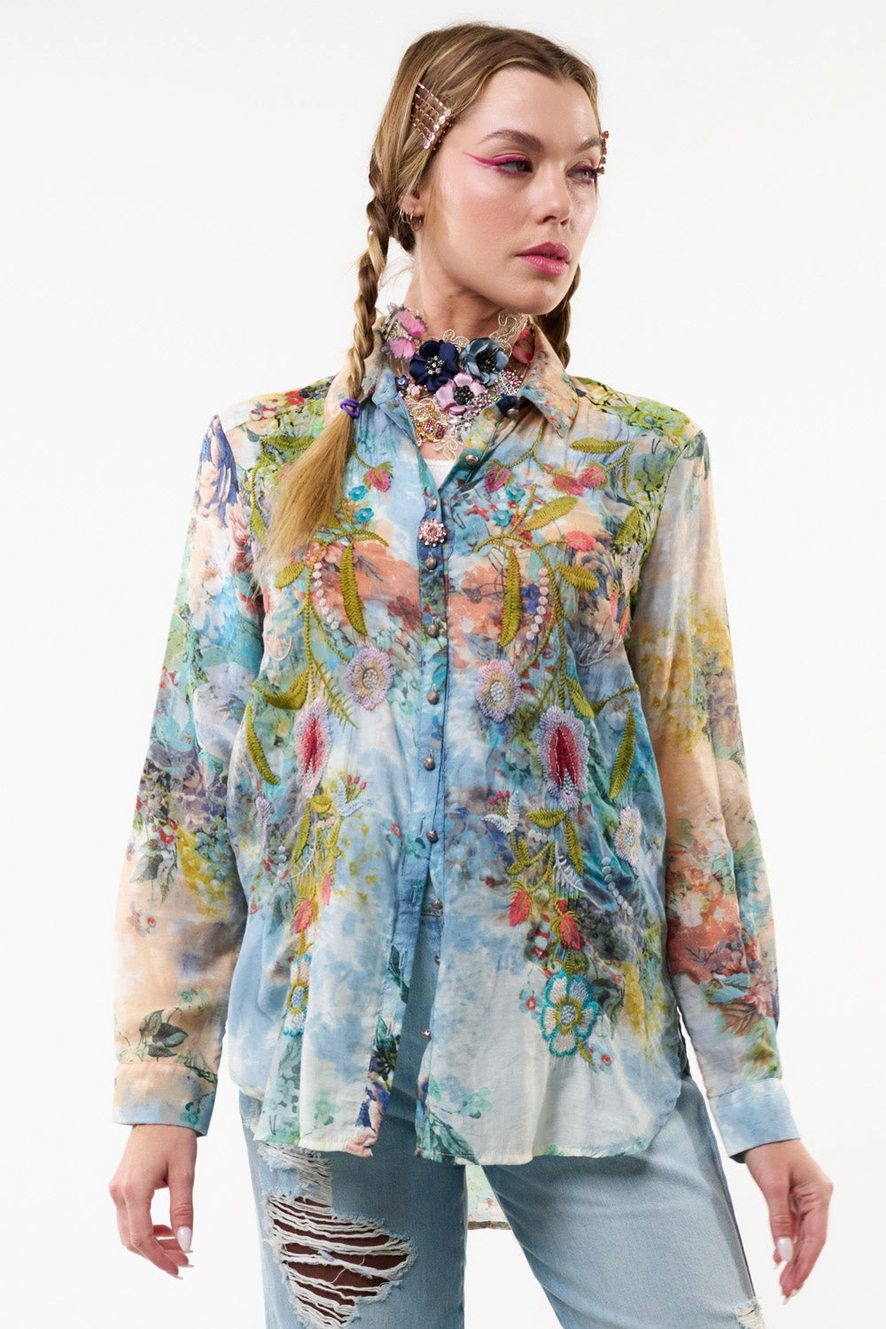 Valeria Embroidered Shirt by Aratta Modular Layering System NonRestrictive Armholes