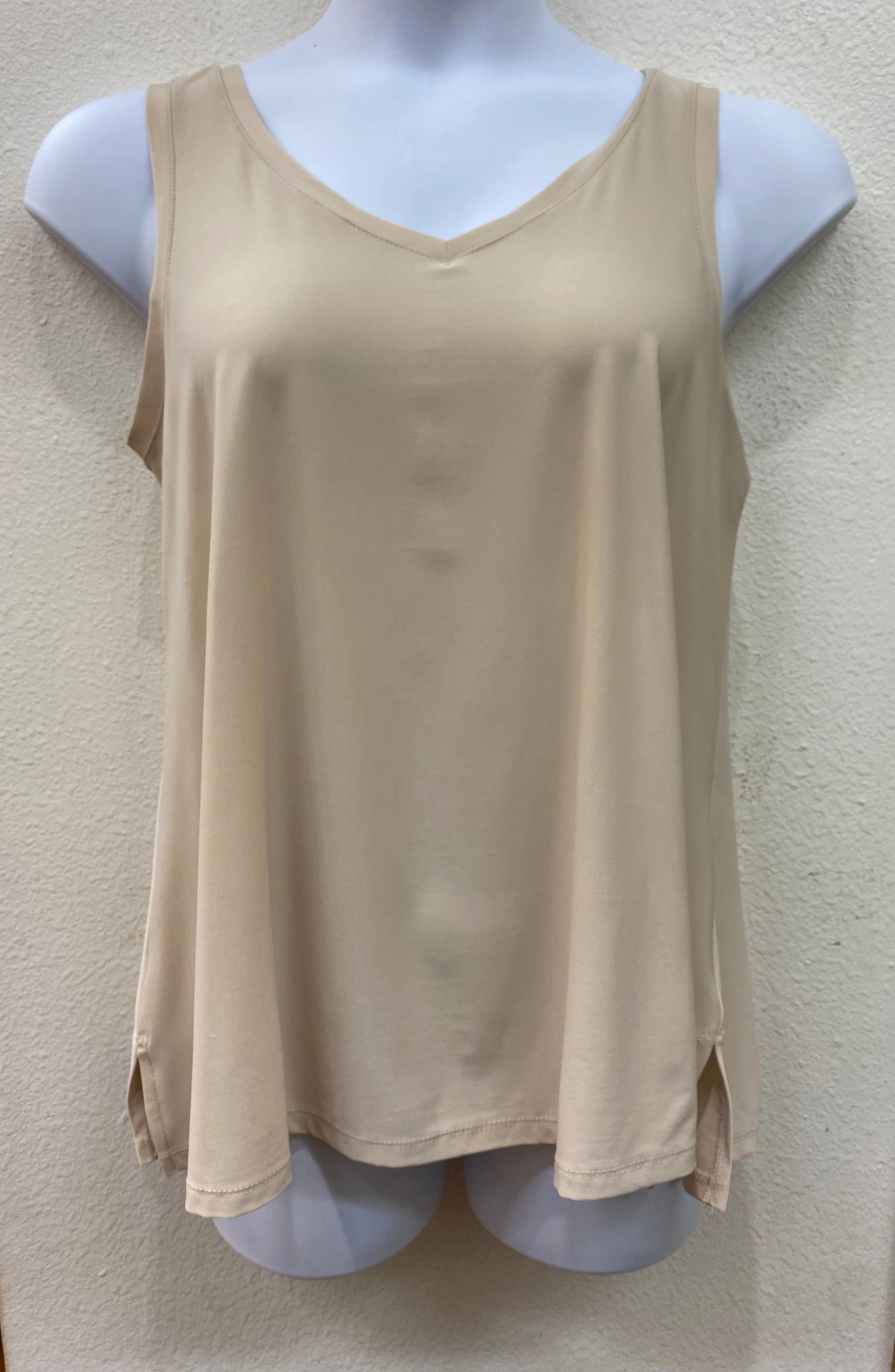 Beige V-Neck to Round Neck Reversible Tank Top FlexibleCollar Softened Edges