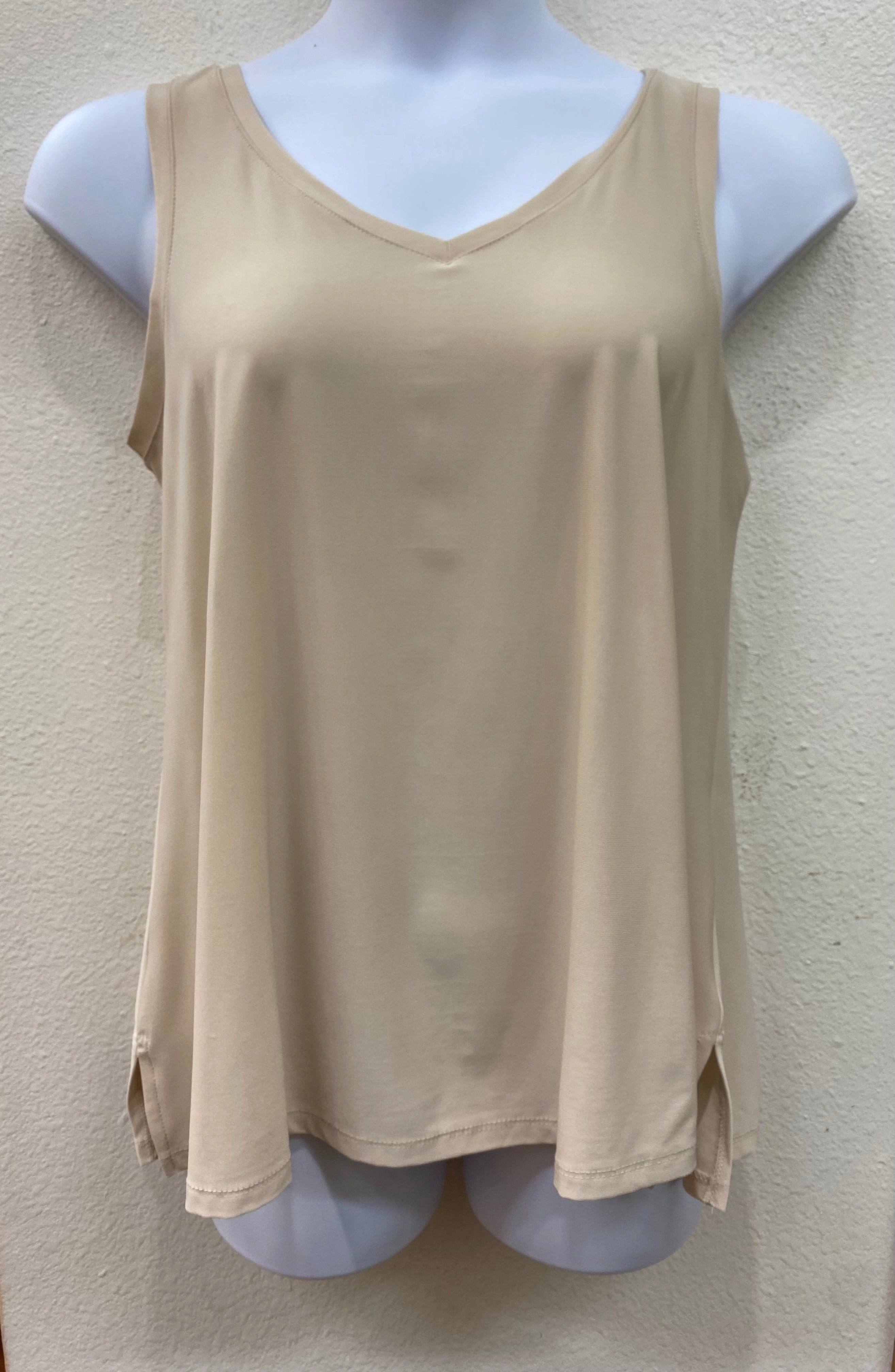 Beige V-Neck to Round Neck Reversible Tank Top Soft Touch Blend