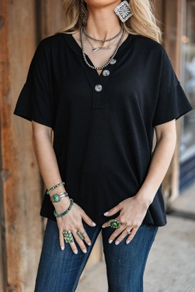 Waffle Button Tee-Black Elasticated Hem