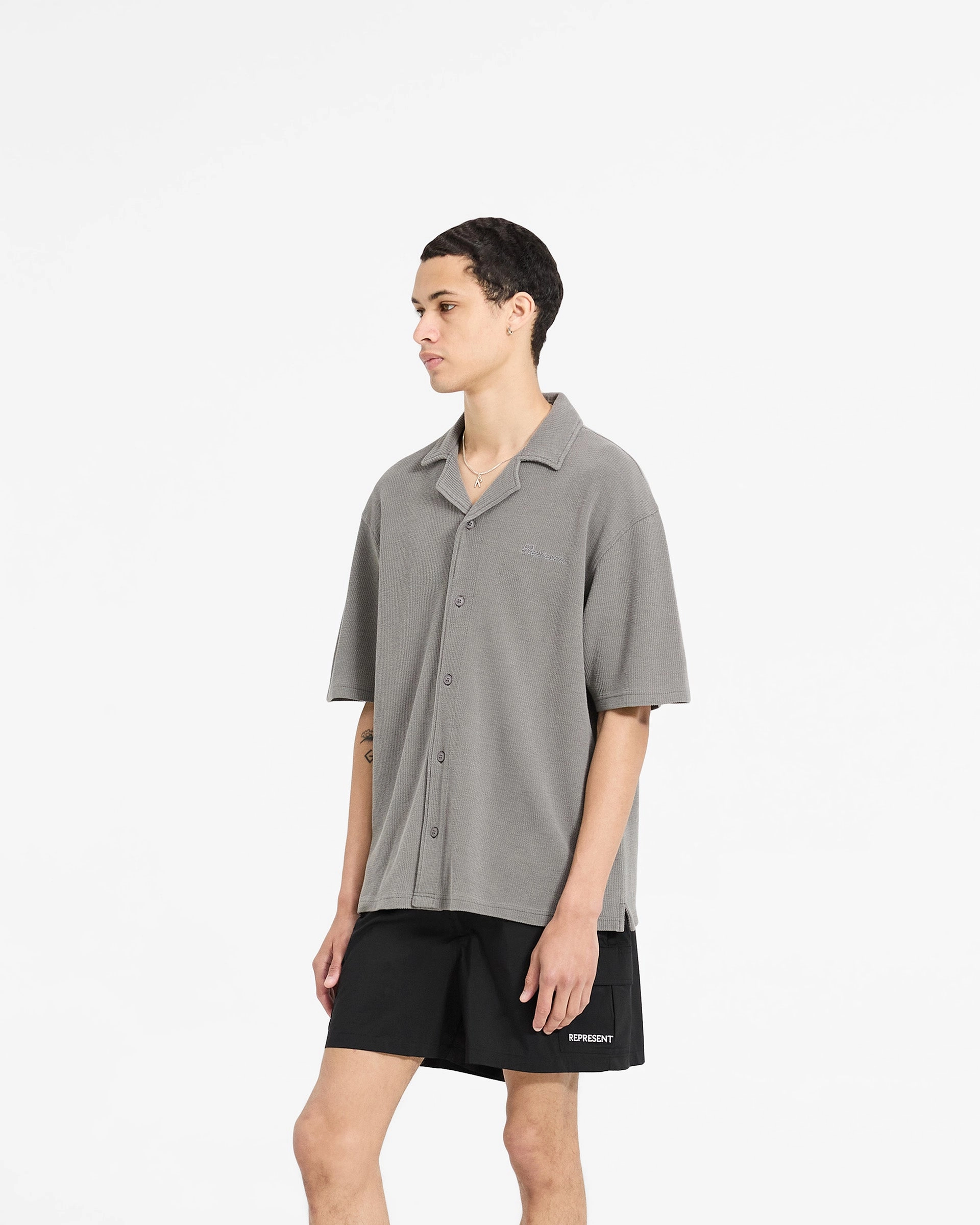 Hidden Button Placket Relaxed Look Waffle Shirt - Ultimate Grey