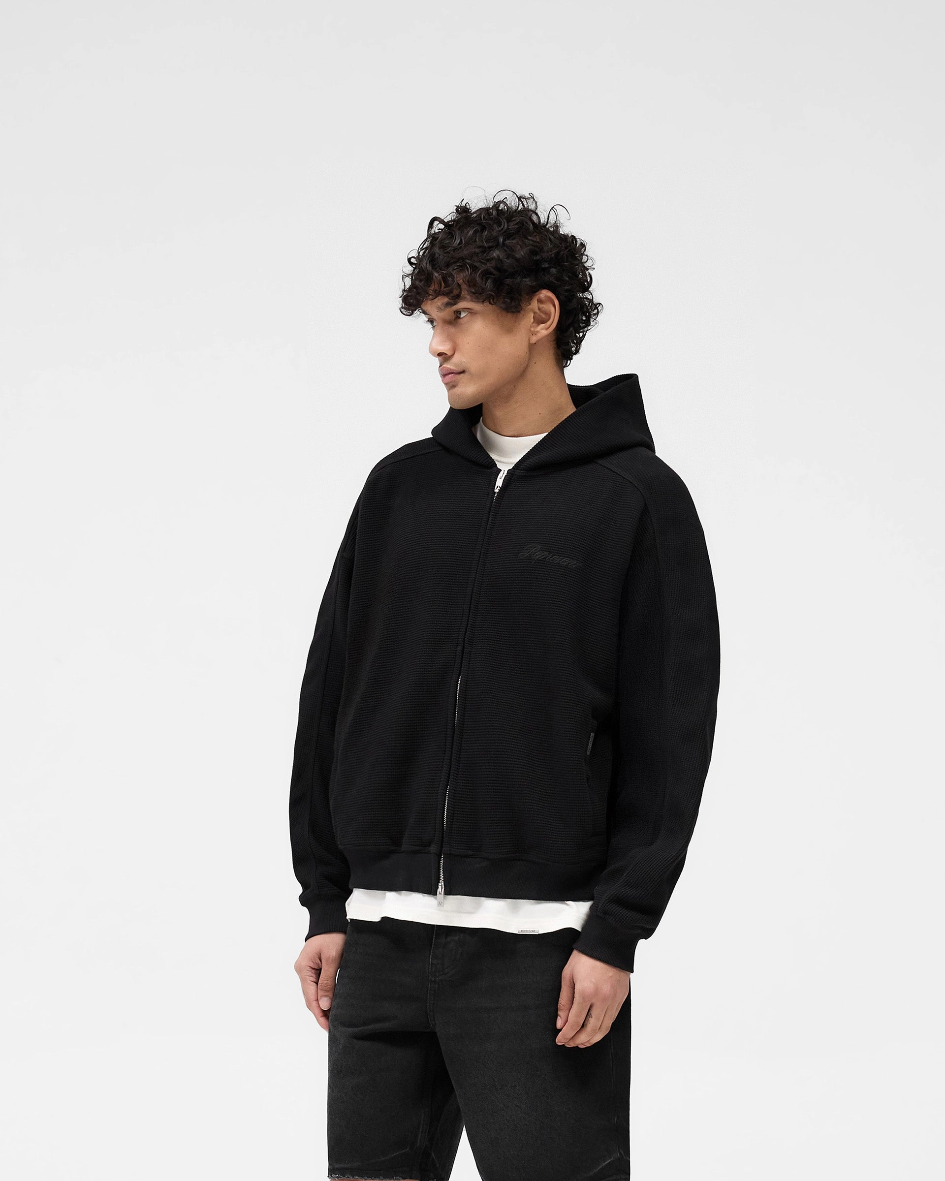 Waffle Zip Through Hoodie - Jet Black Nutria like