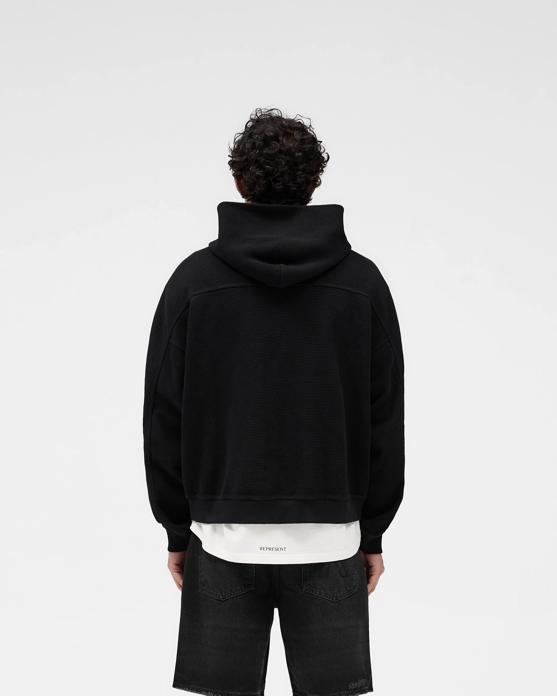 Tapir like Bow Accents Waffle Zip Through Hoodie - Jet Black