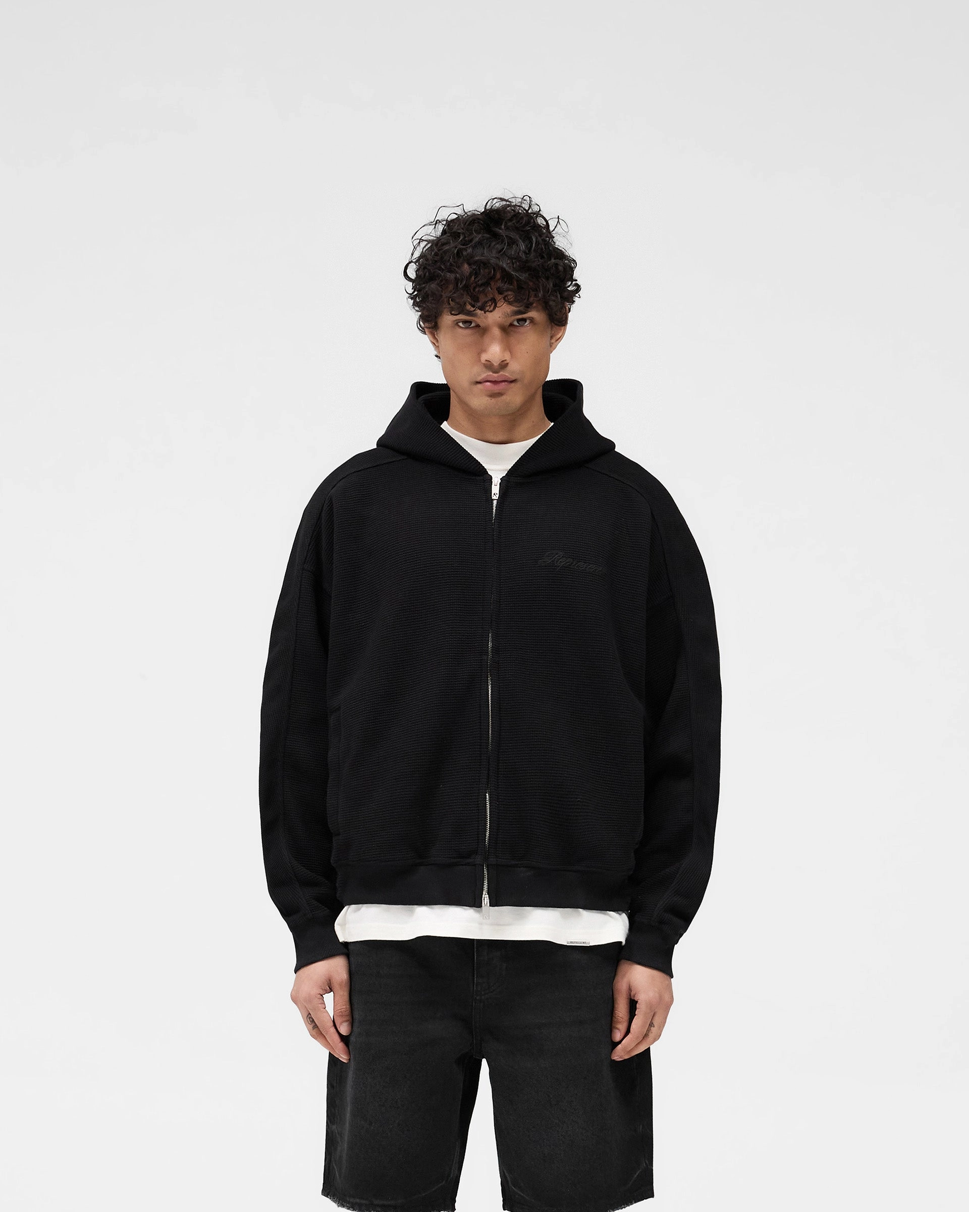 Waffle Zip Through Hoodie - Jet Black Relaxed Design Roomy Pockets