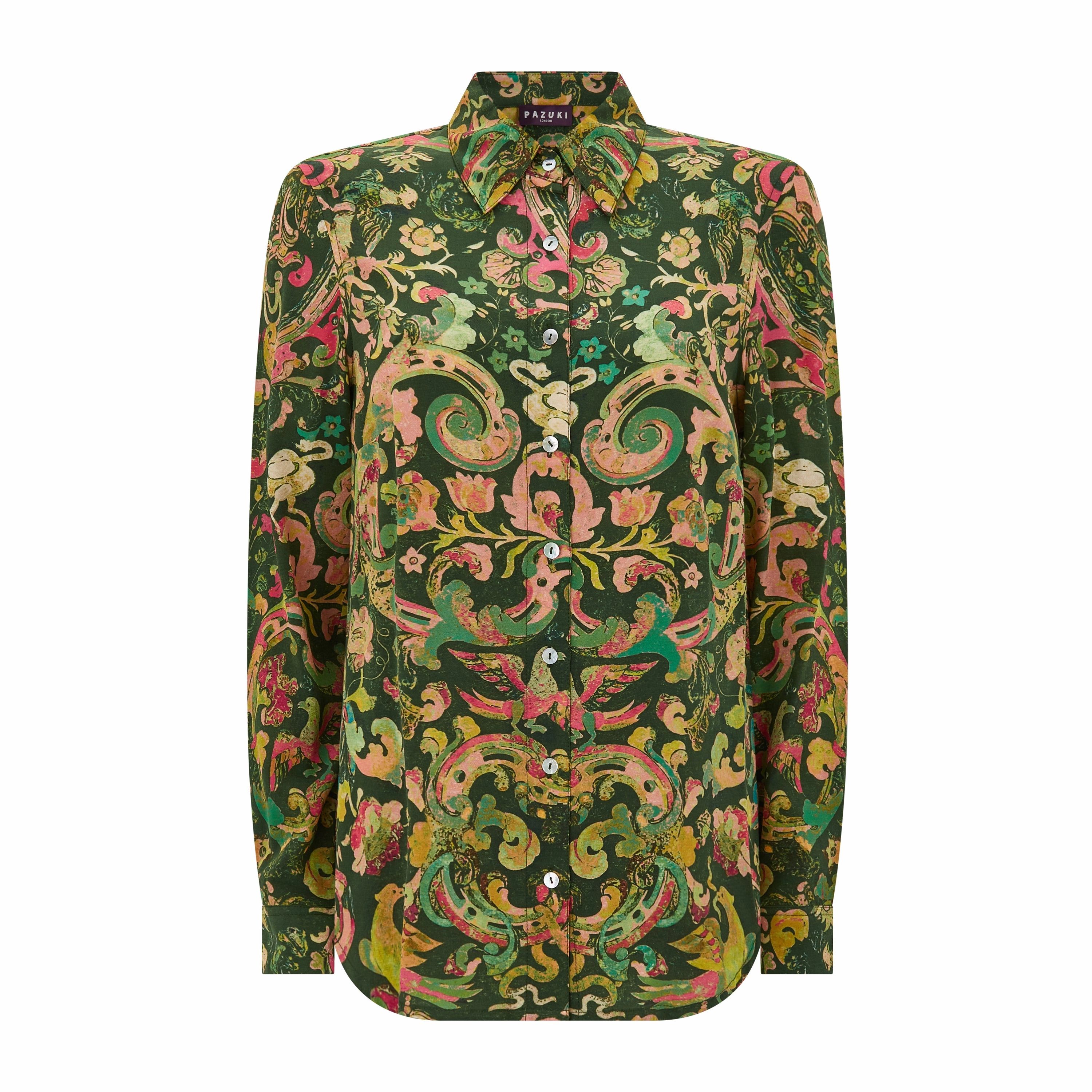 Active Wear Elasticated Hem Concordia Marble Dark Green Silk Crepe De Chine Shirt